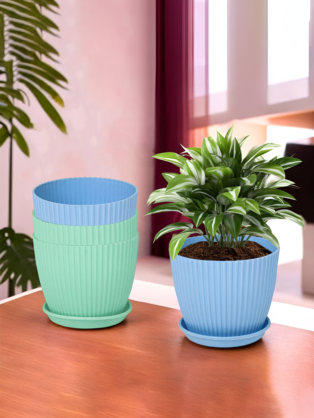 Kuber Industries Blue & Green 4 Pcs Textured Flower Pot Planters With Tray