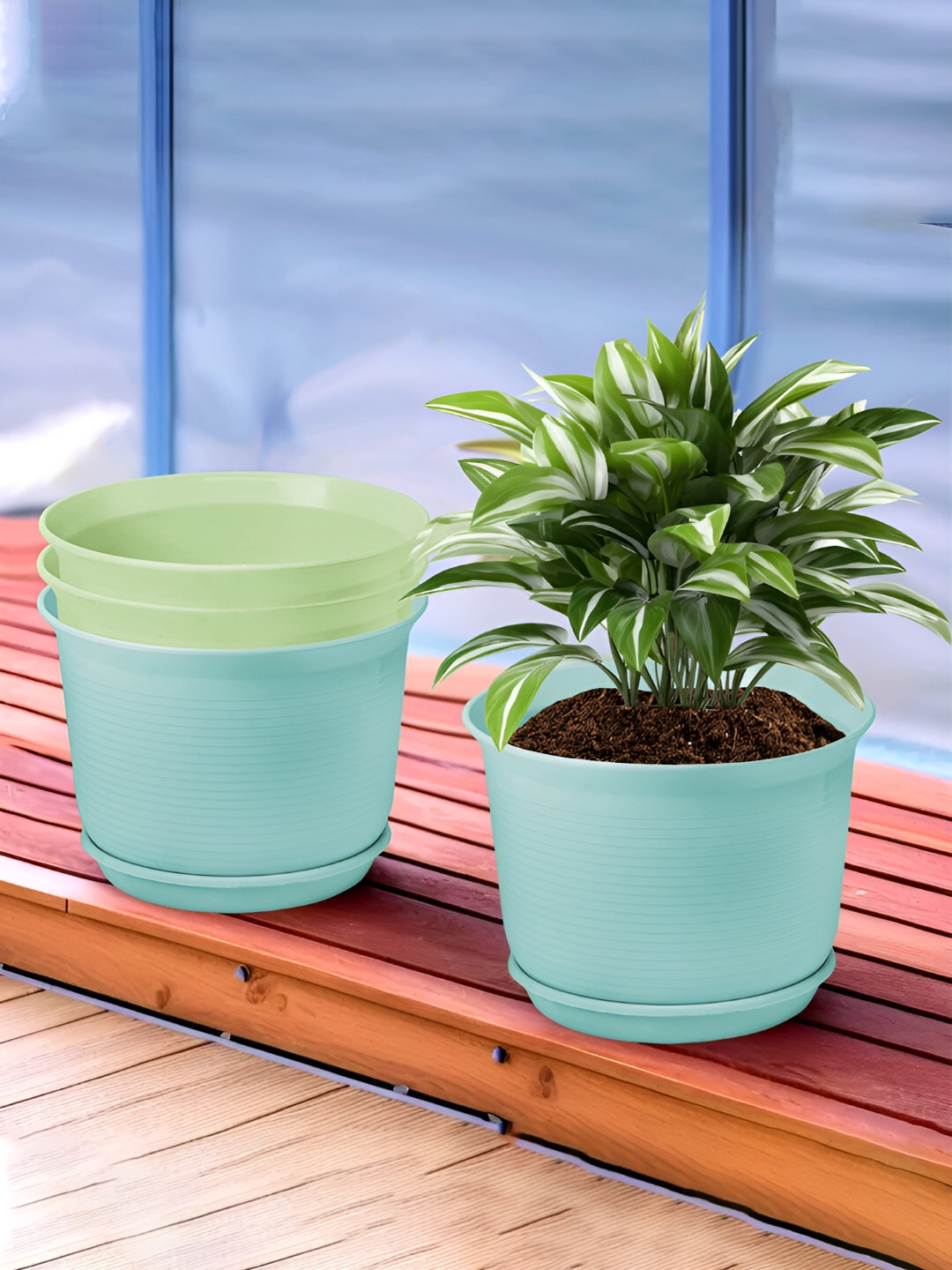 Kuber Industries Blue & Green 4 Pcs Flower Pot Planters With Tray