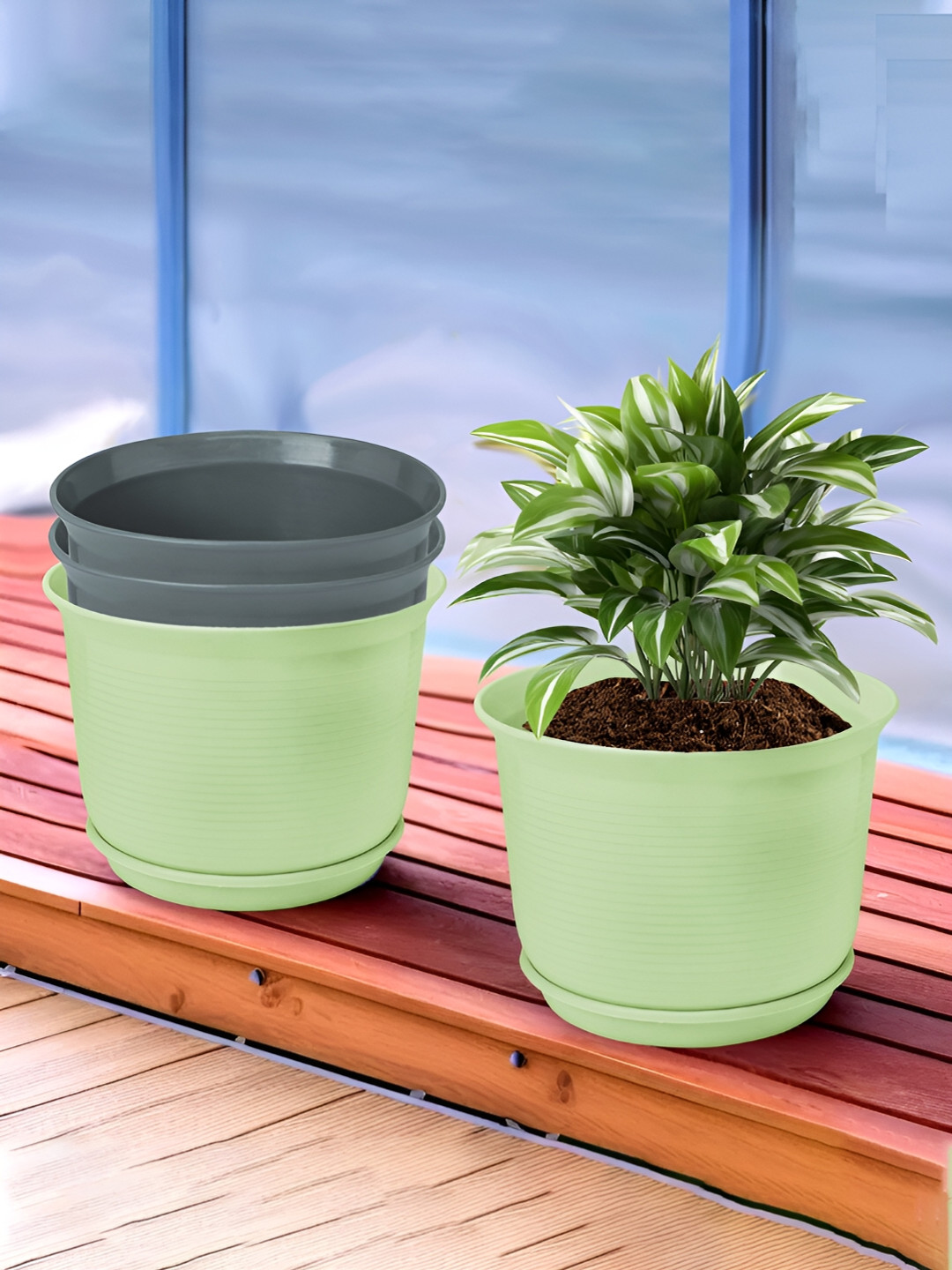 Kuber Industries Green & Grey 4 Pieces Flower Pot Planters With Tray