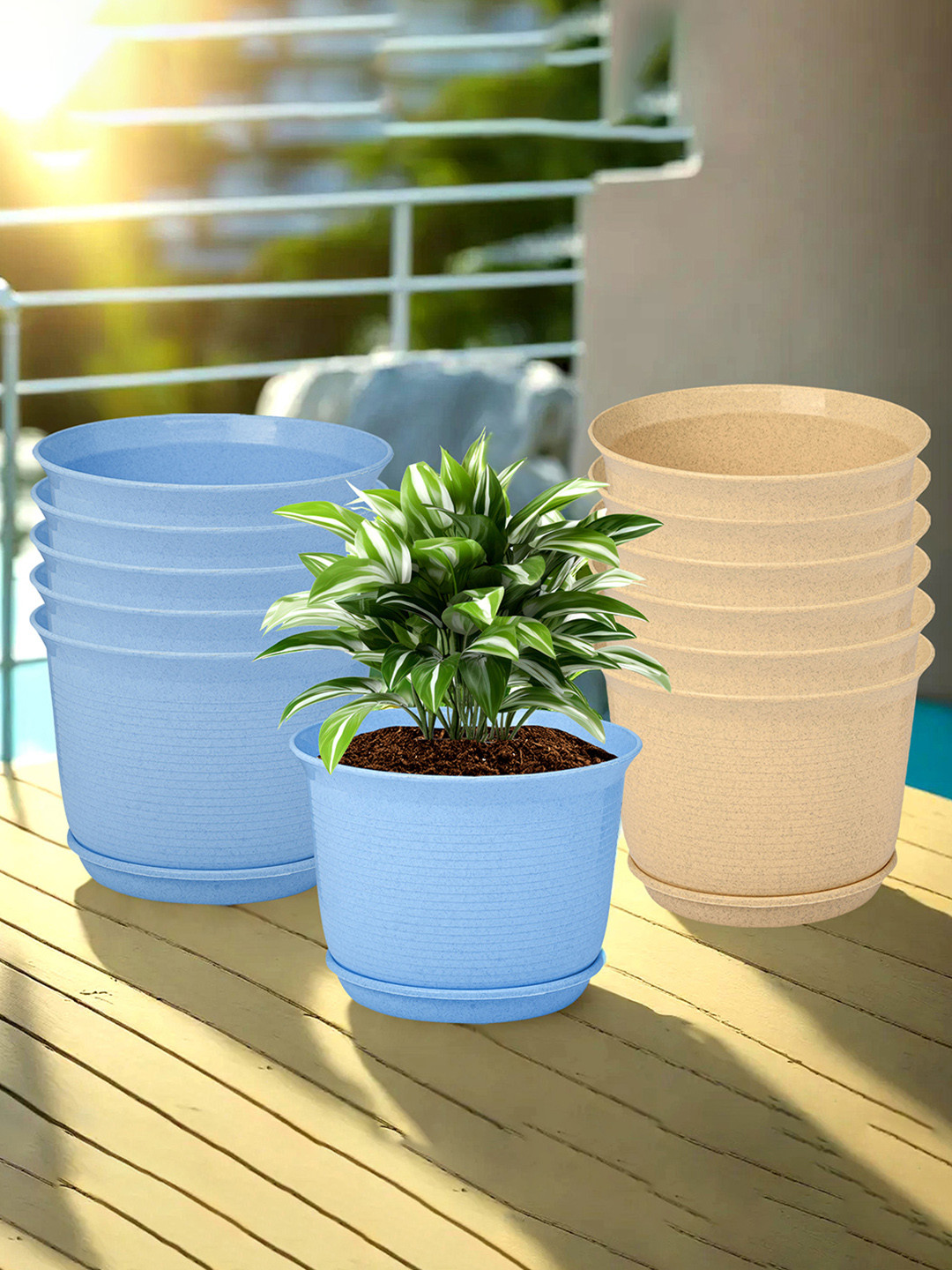 Kuber Industries Blue & Beige 12 Pieces Textured Flower Pot Planters With Tray