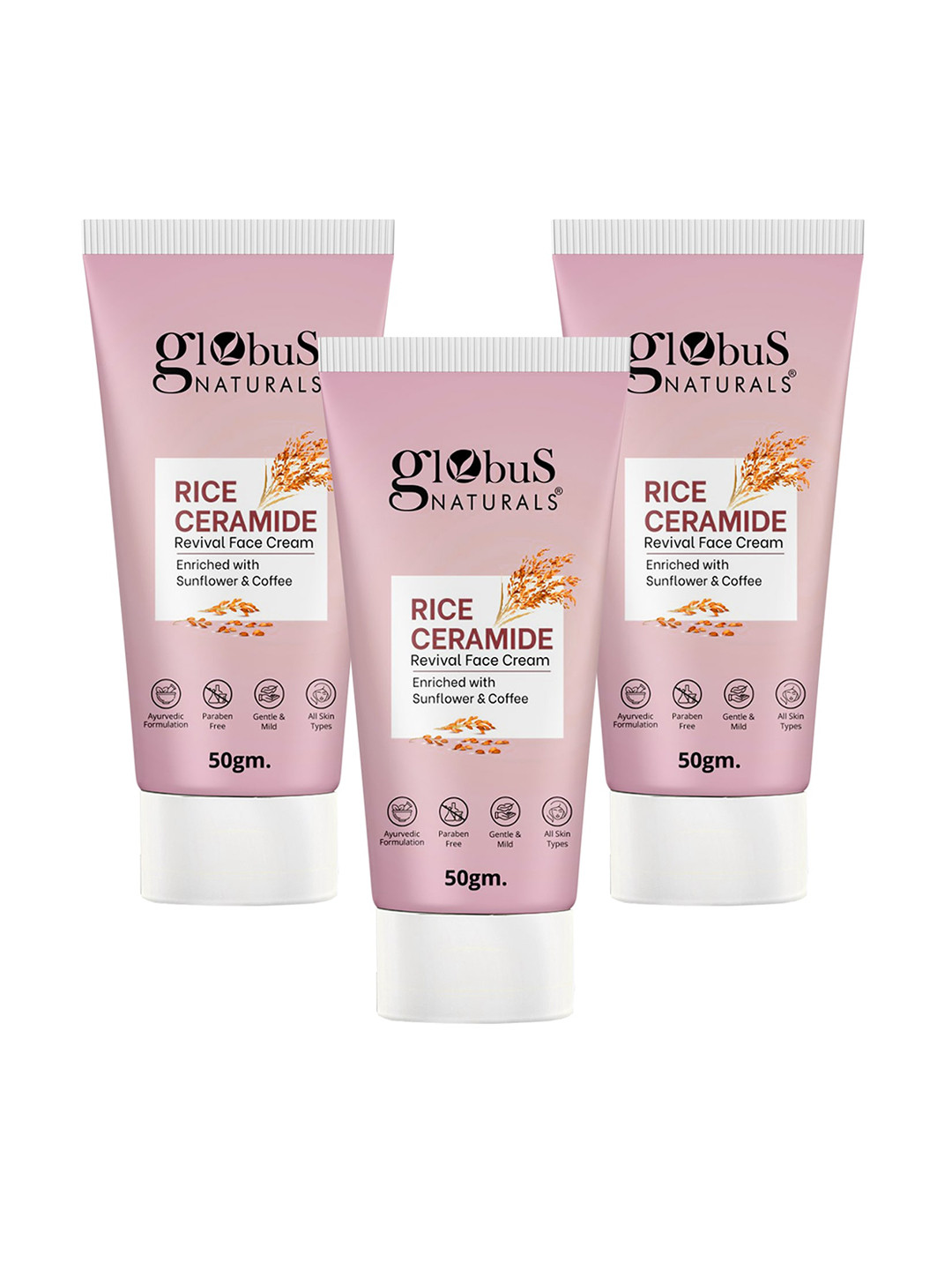 Globus naturals Set Of 3 Rice Ceramide Revival Face Cream With Sunflower Coffee - 50g Each