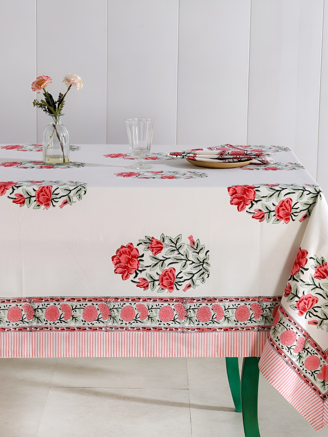 HANDICRAFT PALACE White & Red 9 Pieces Floral Cotton Rectangle Table Cover