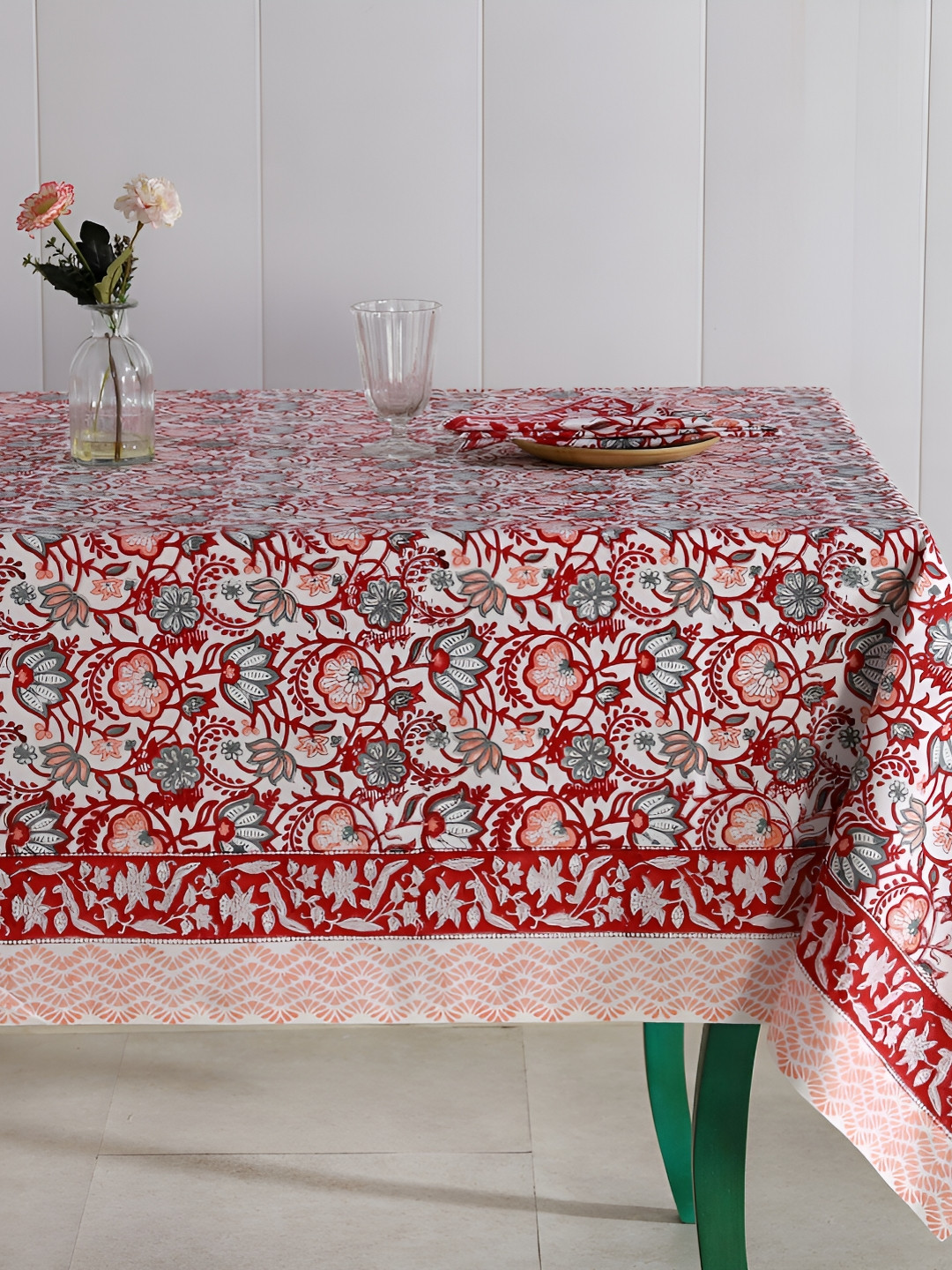 HANDICRAFT PALACE Red & White  9 Pieces Floral Cotton Rectangle Table Cover