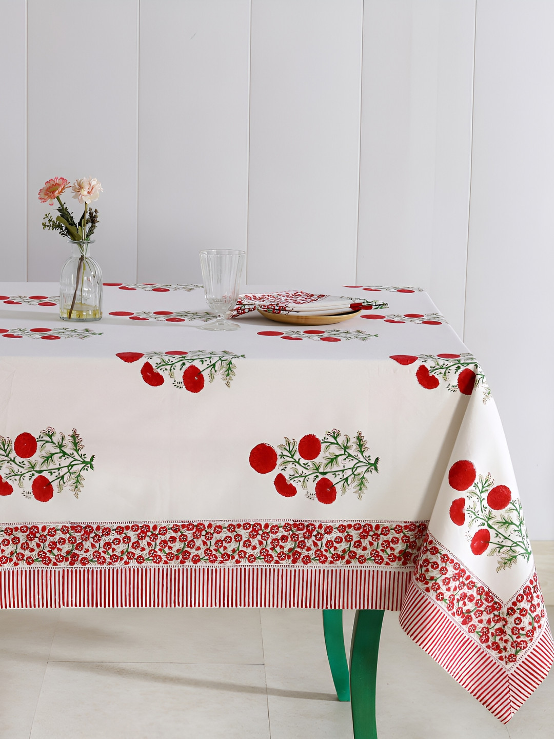 HANDICRAFT PALACE White & Red 9 Pieces Floral Cotton Rectangle Table Cover