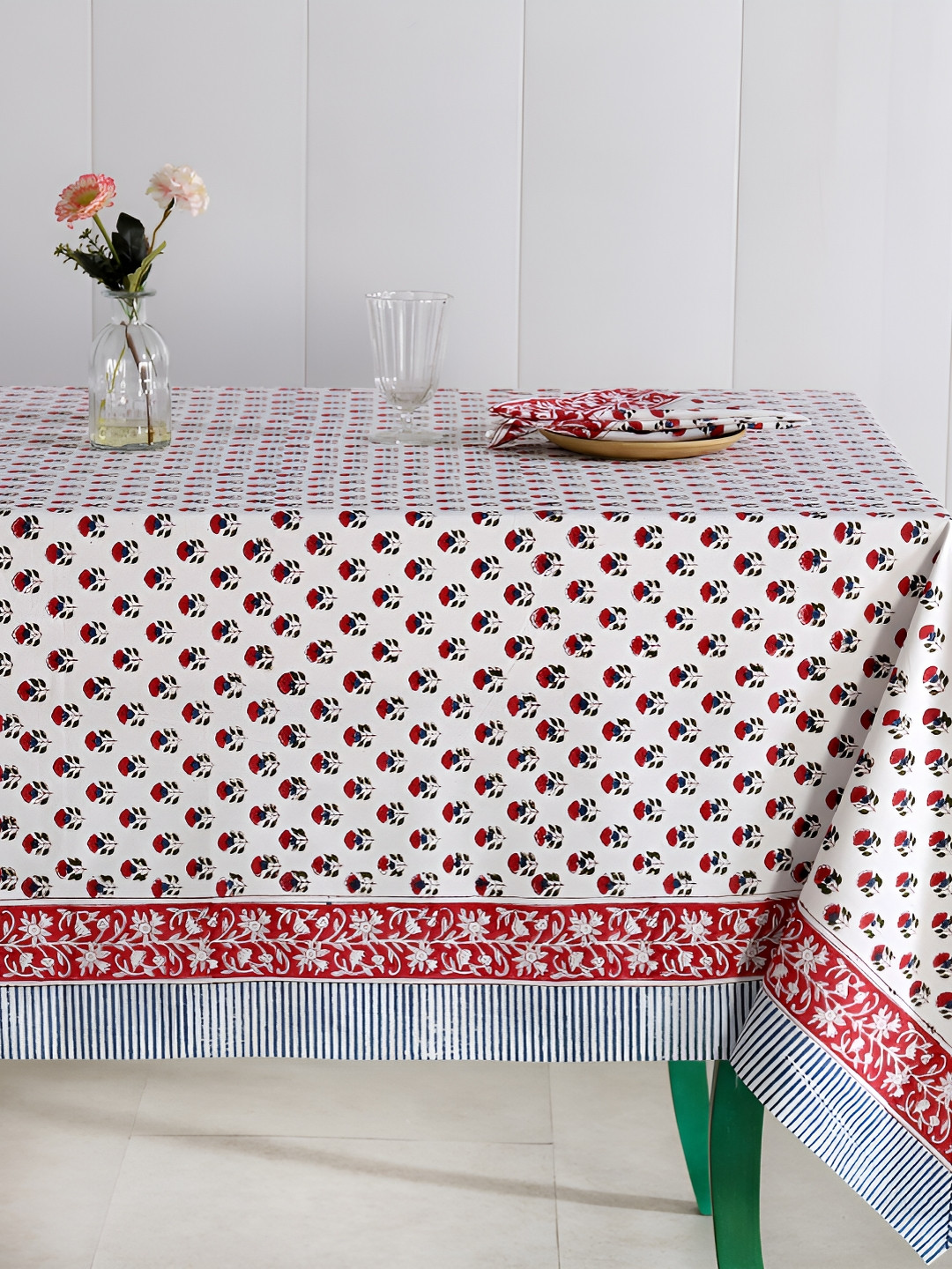 HANDICRAFT PALACE White & Red 9 Pieces Floral Cotton Rectangle Table Cover