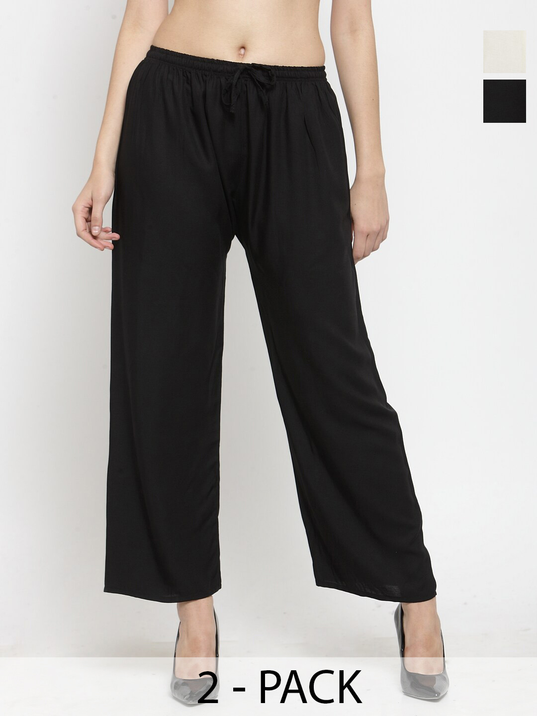 Clora Creation Pack Of 2 Black and Off-White Straight Palazzos