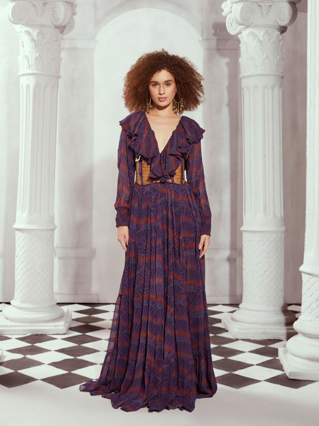 Nikita Mhaisalkar Printed Georgette Frill Maxi With Dress Rattan Griddle