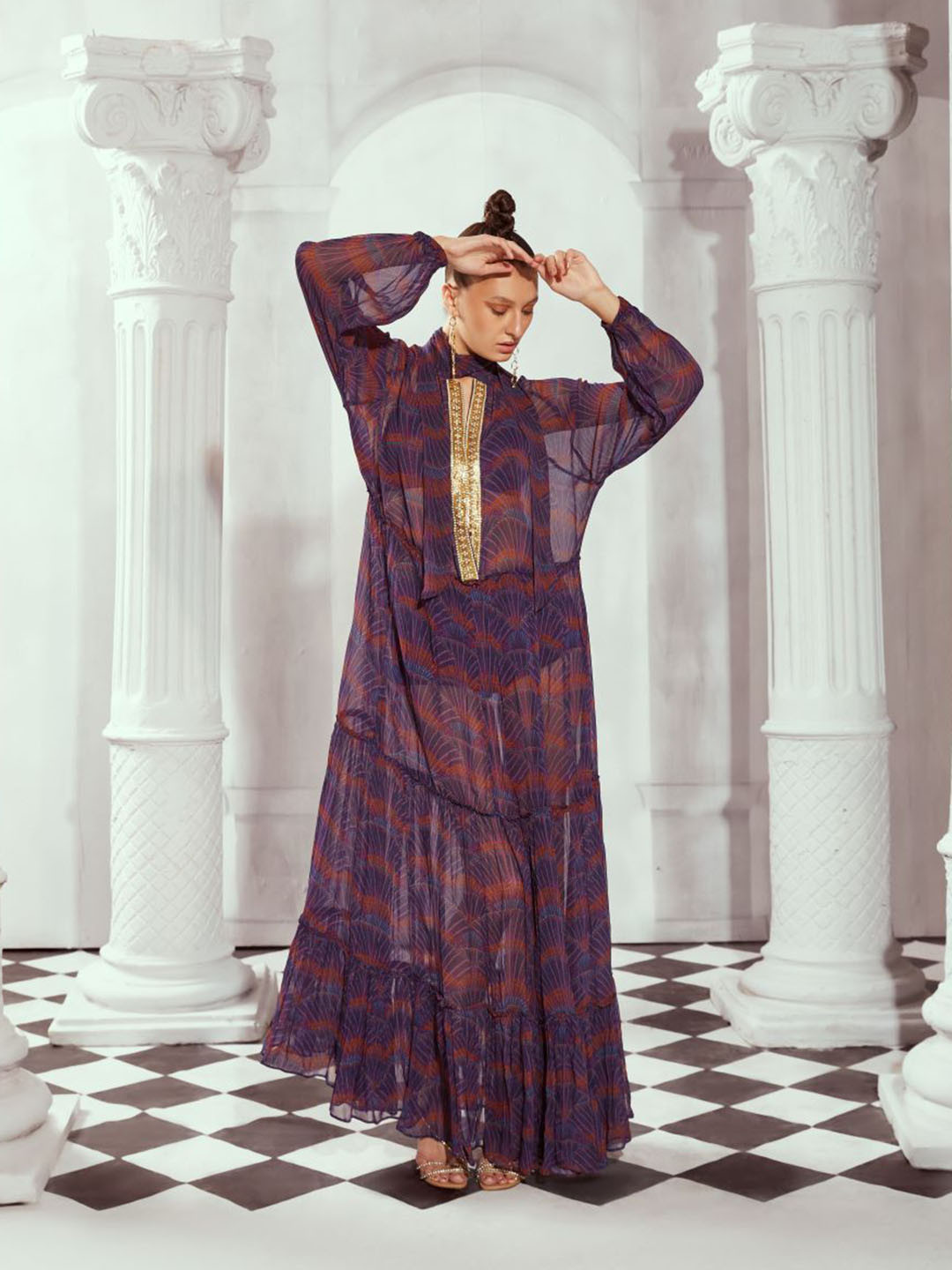 Nikita Mhaisalkar Self Design Printed Georgette Sheer Maxi Dress
