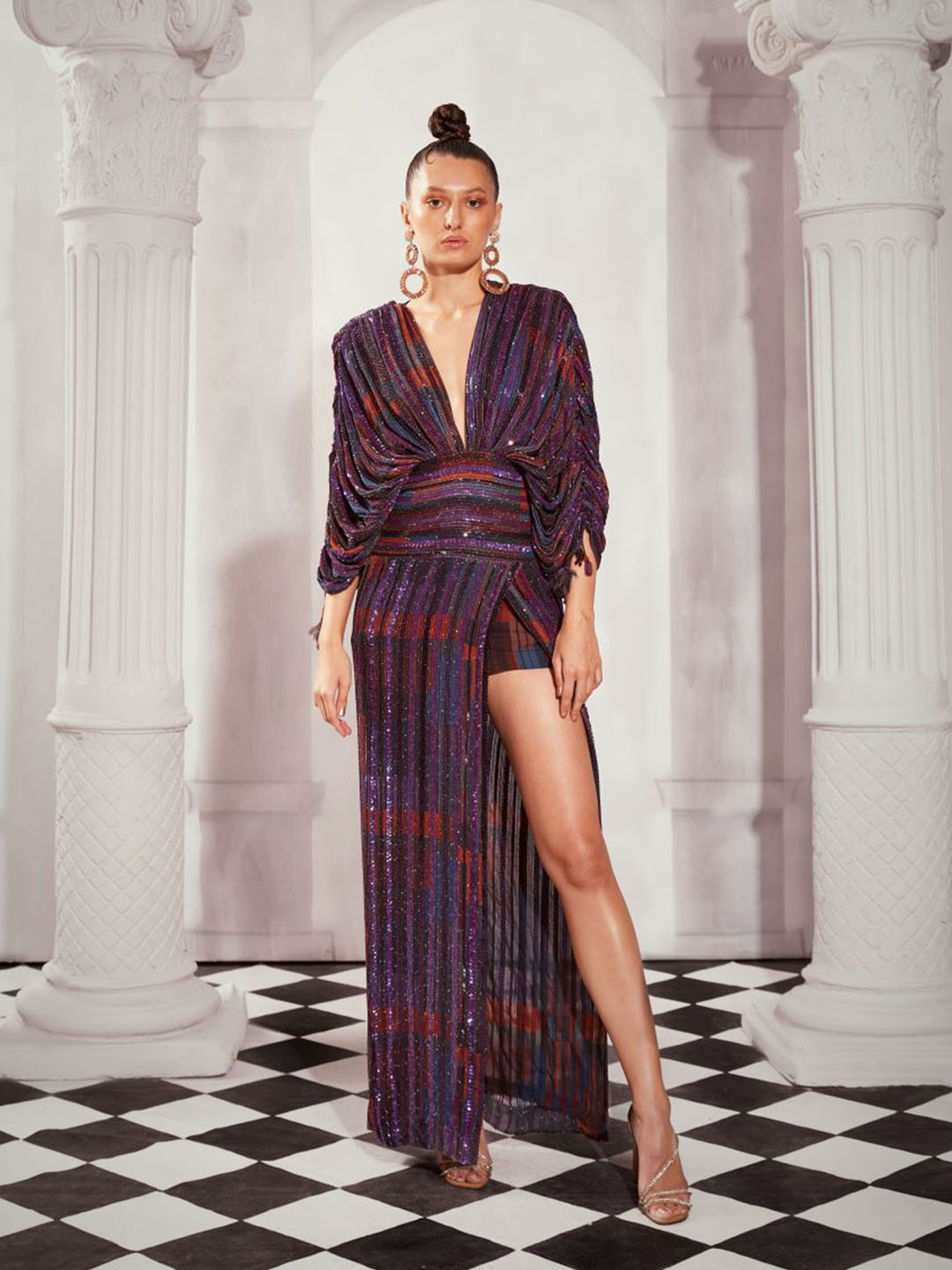 Nikita Mhaisalkar V Neck Print Flutter Sleeve Georgette Maxi Dress