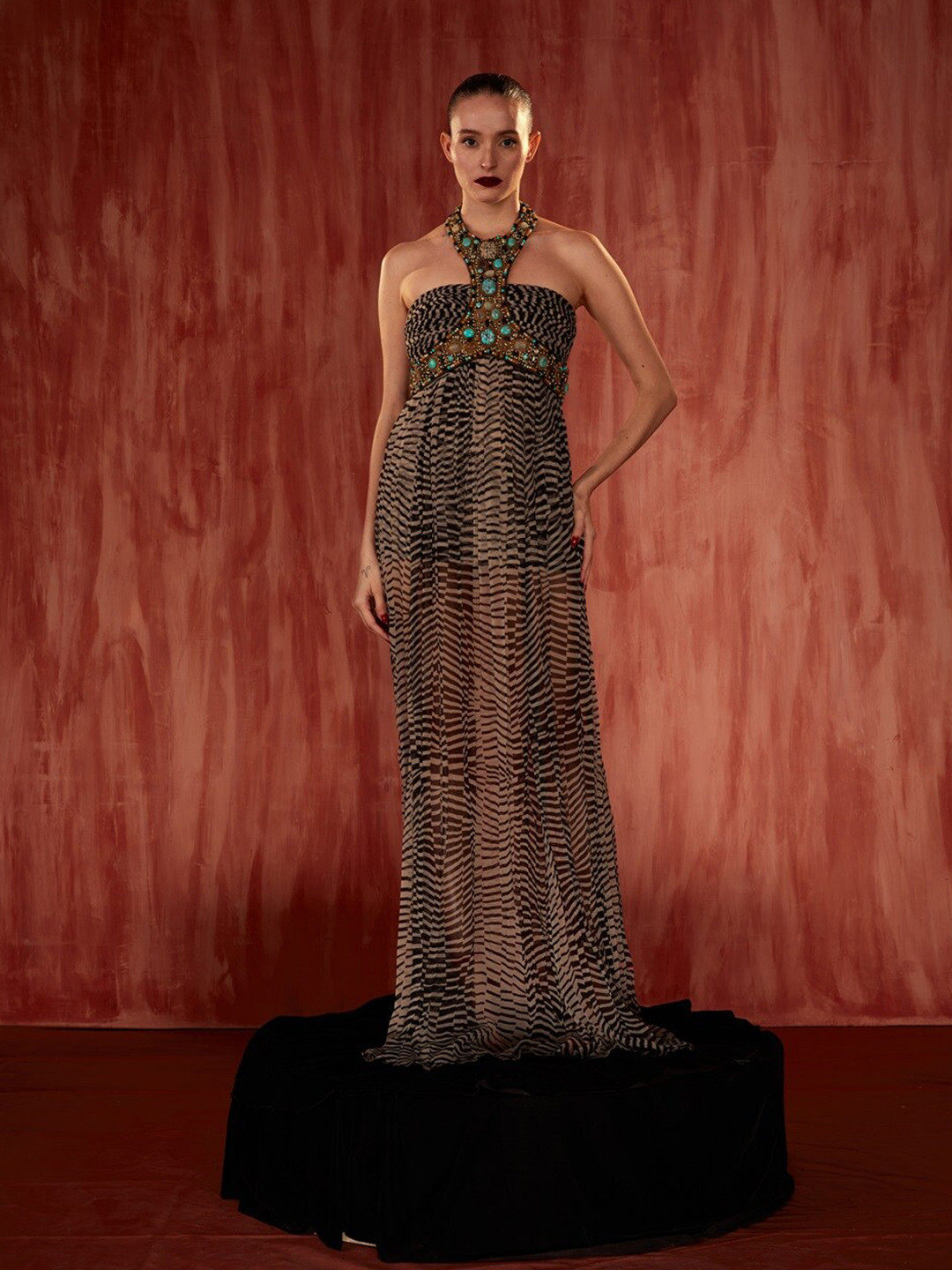 Nikita Mhaisalkar Halter Neck Sleeveless Abstract Print Georgette Maxi Dress