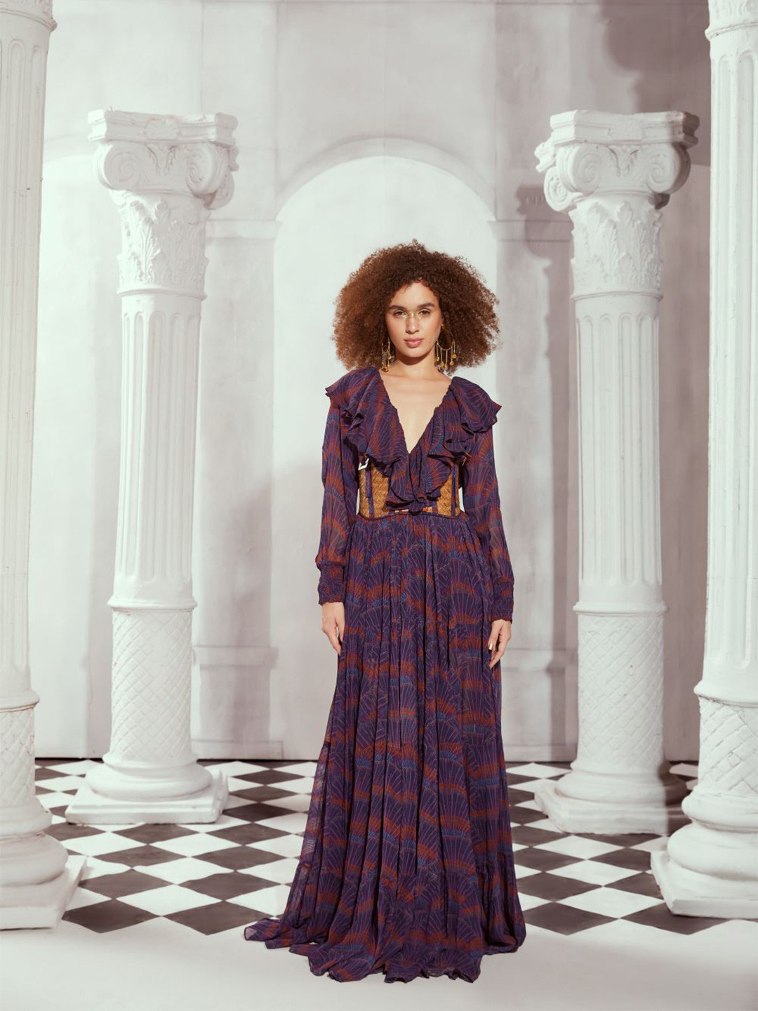 Nikita Mhaisalkar Art Greek Printed Ruffled Georgette Maxi Dress With Rattan Griddle