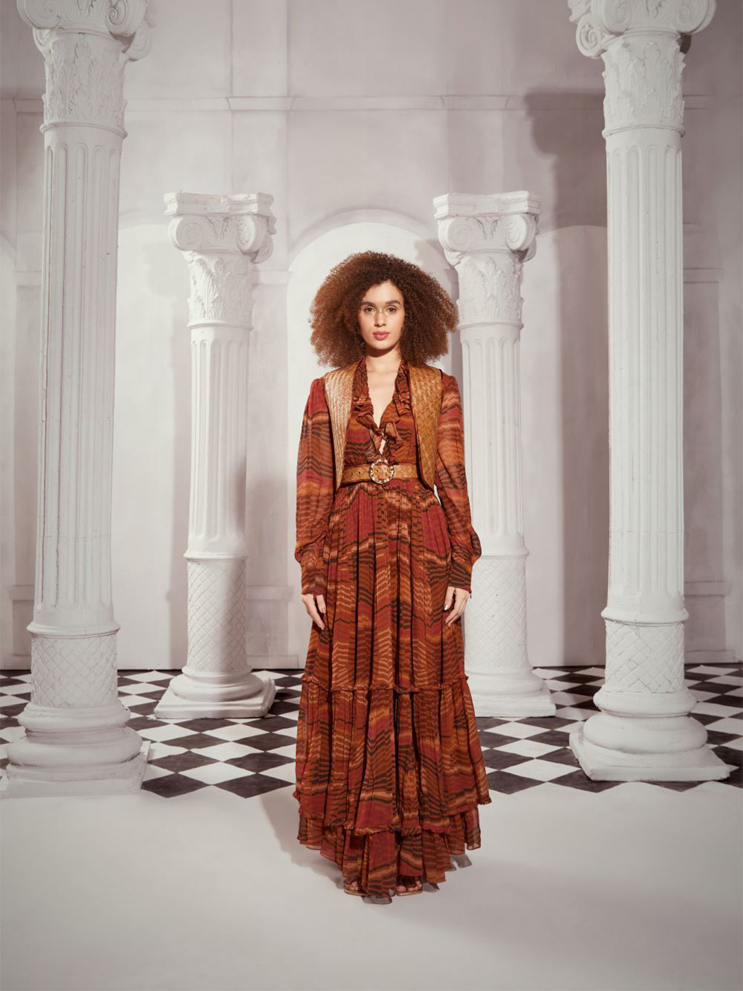 Nikita Mhaisalkar Tangerine Byzantine Printed Bell Sleeves Georgette Maxi Dress