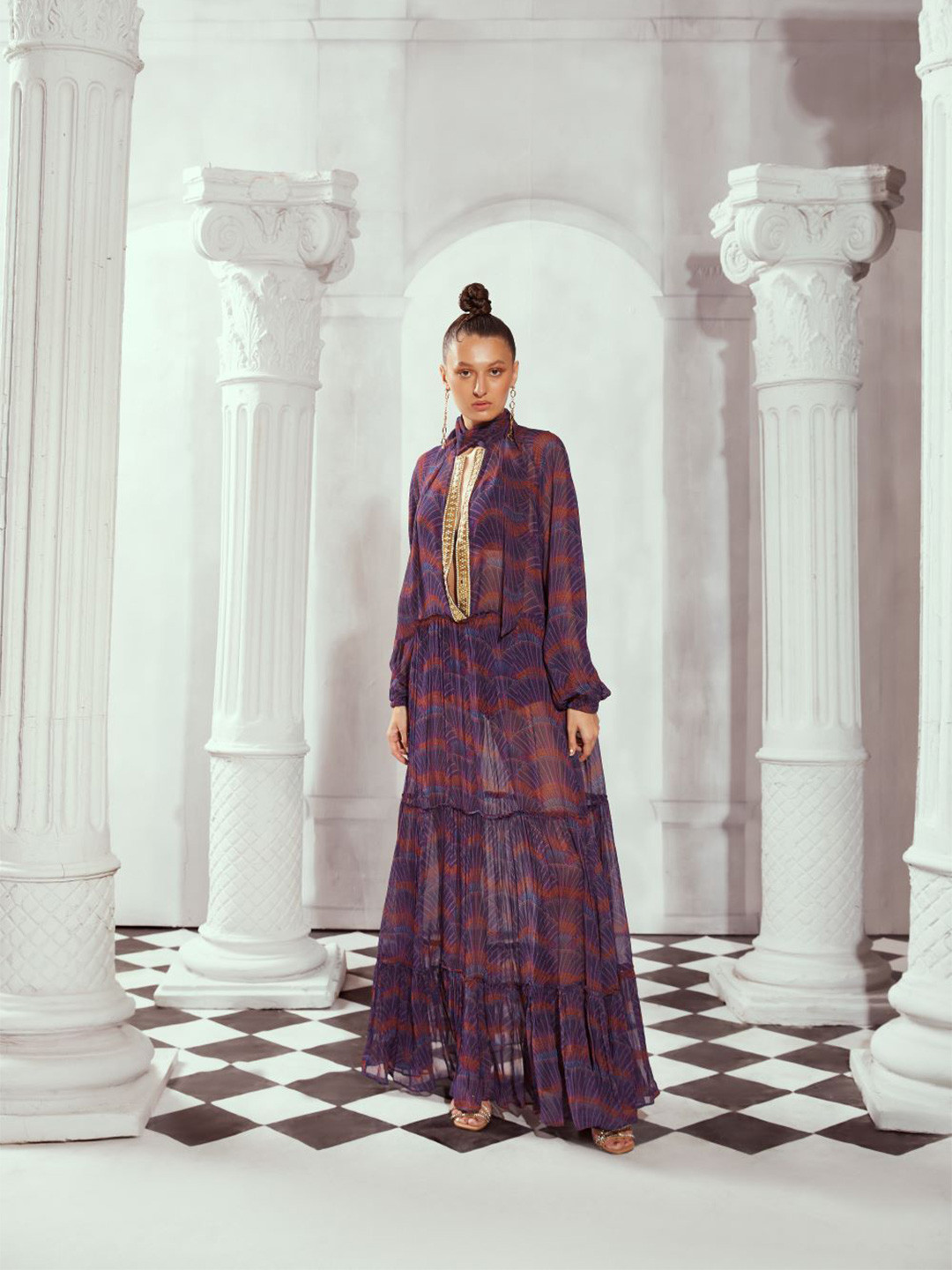 Nikita Mhaisalkar Abstract Printed Bell Sleeve Georgette Maxi Dress