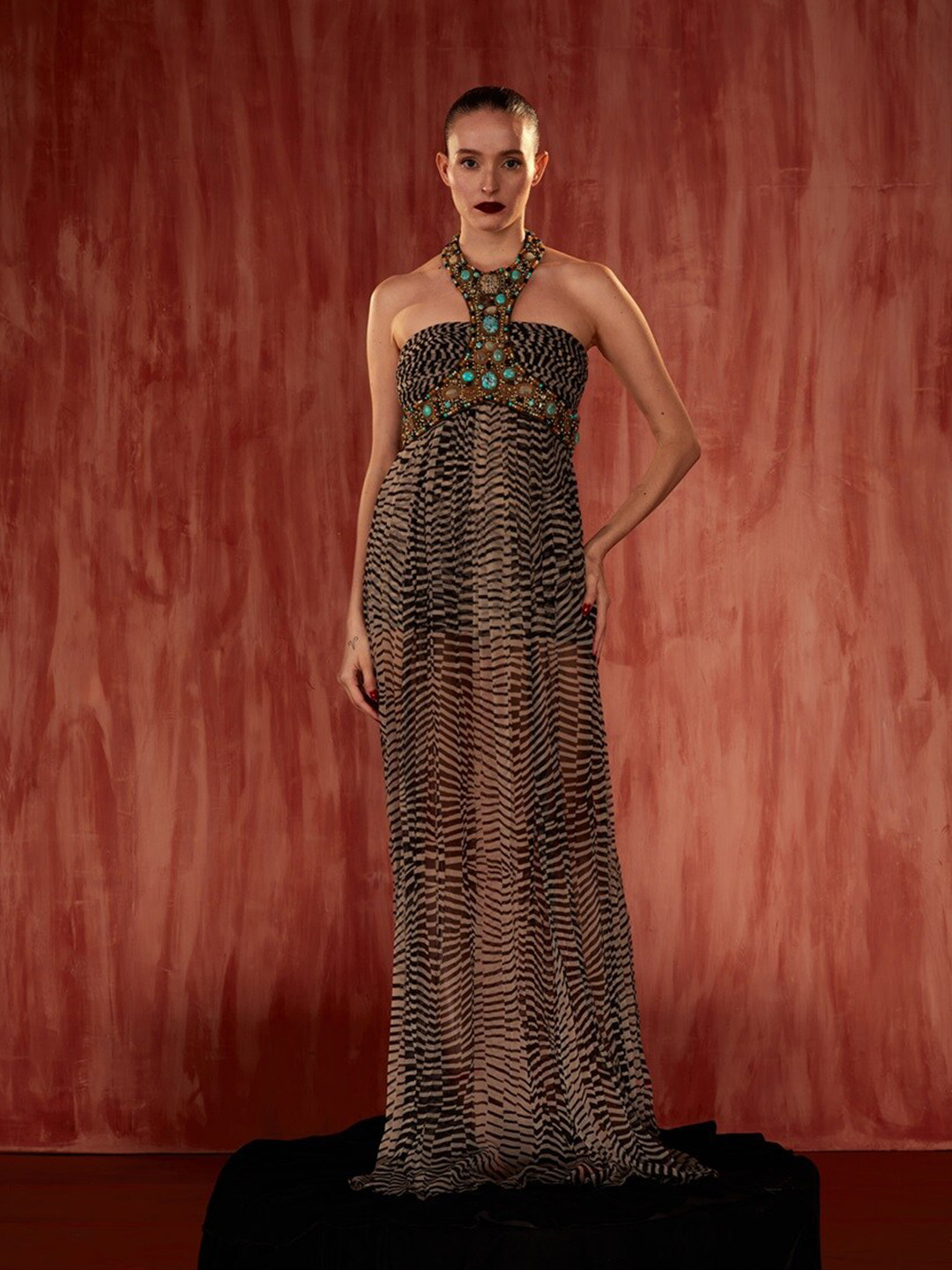 Nikita Mhaisalkar Abstract Printed Sleeveless Halter Neck Georgette Maxi Dress