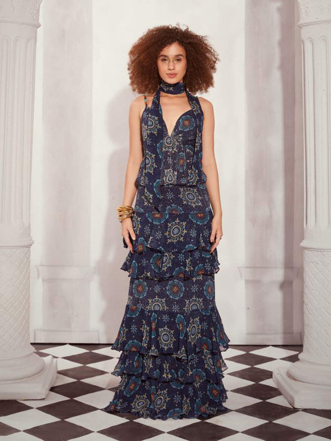 Nikita Mhaisalkar Self Design Shoulder Straps Layered Maxi Dress With Neck Scarf