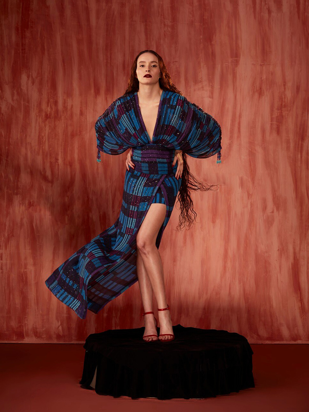 Nikita Mhaisalkar Geometric Printed V-Neck Georgette Wrap Maxi Dress With Slit