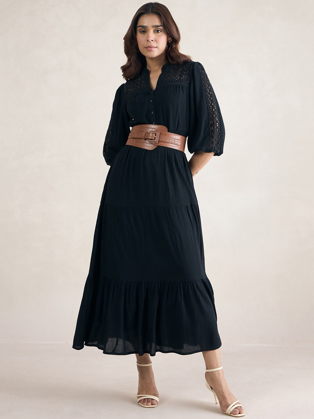 FEMMELLA Black Schiffli Tiered Maxi Dress