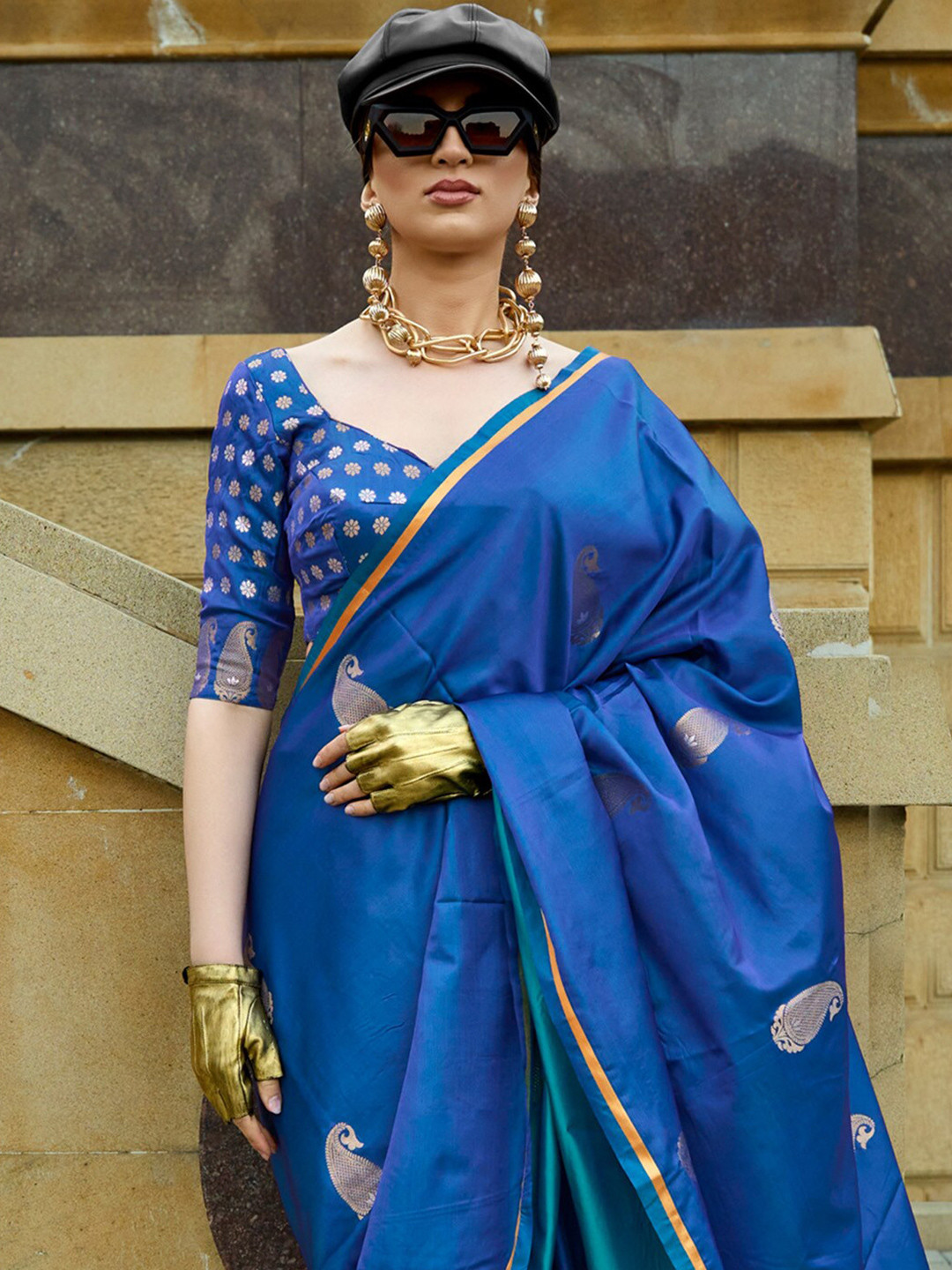 Mitera Paisley Blue & Gold Toned Paisley Woven Design Zari Satin Banarasi Saree