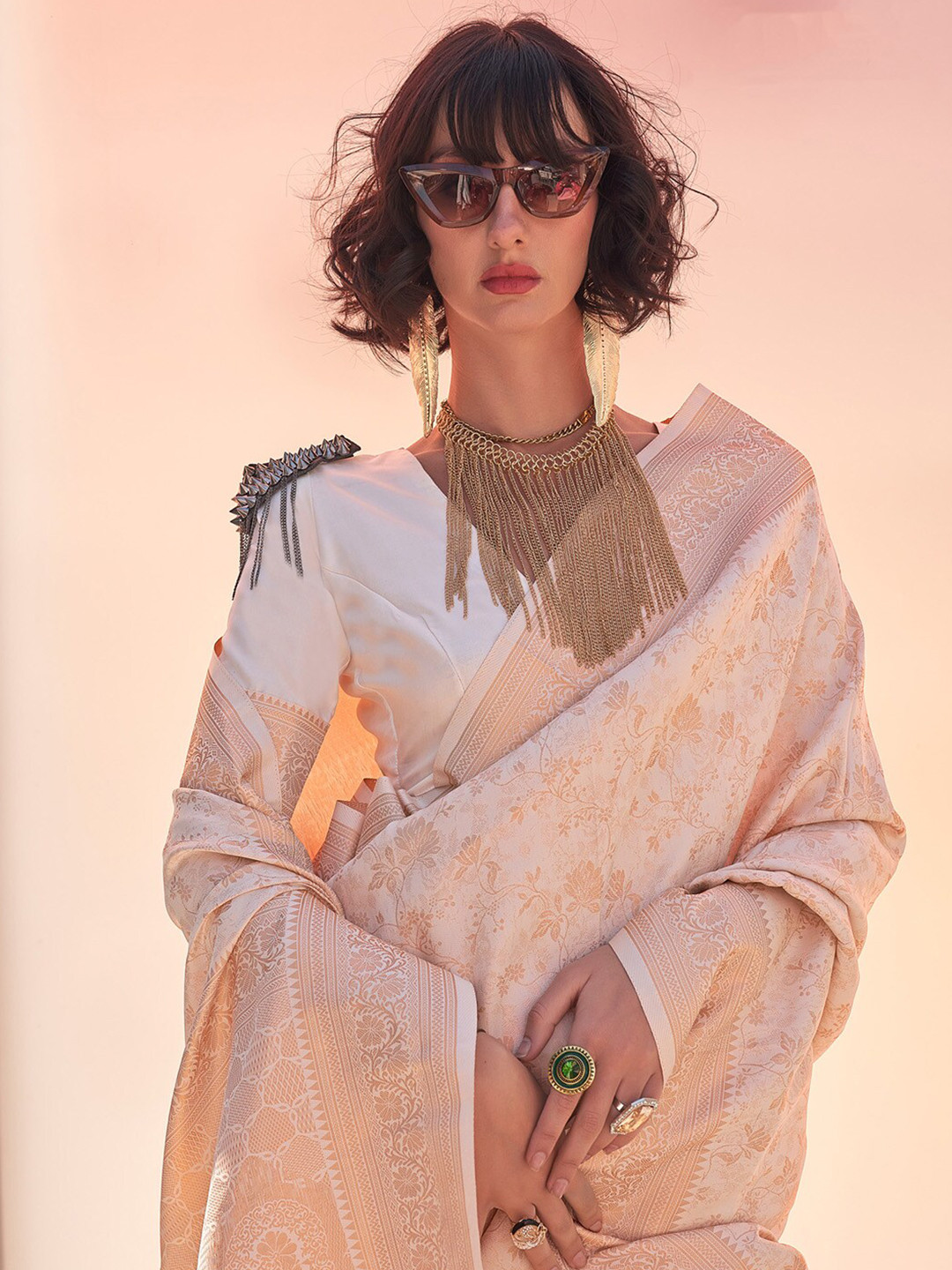 Saree mall Cream & Copper Toned Ethnic Motifs Woven Design Zari Kanjeevaram Sarees