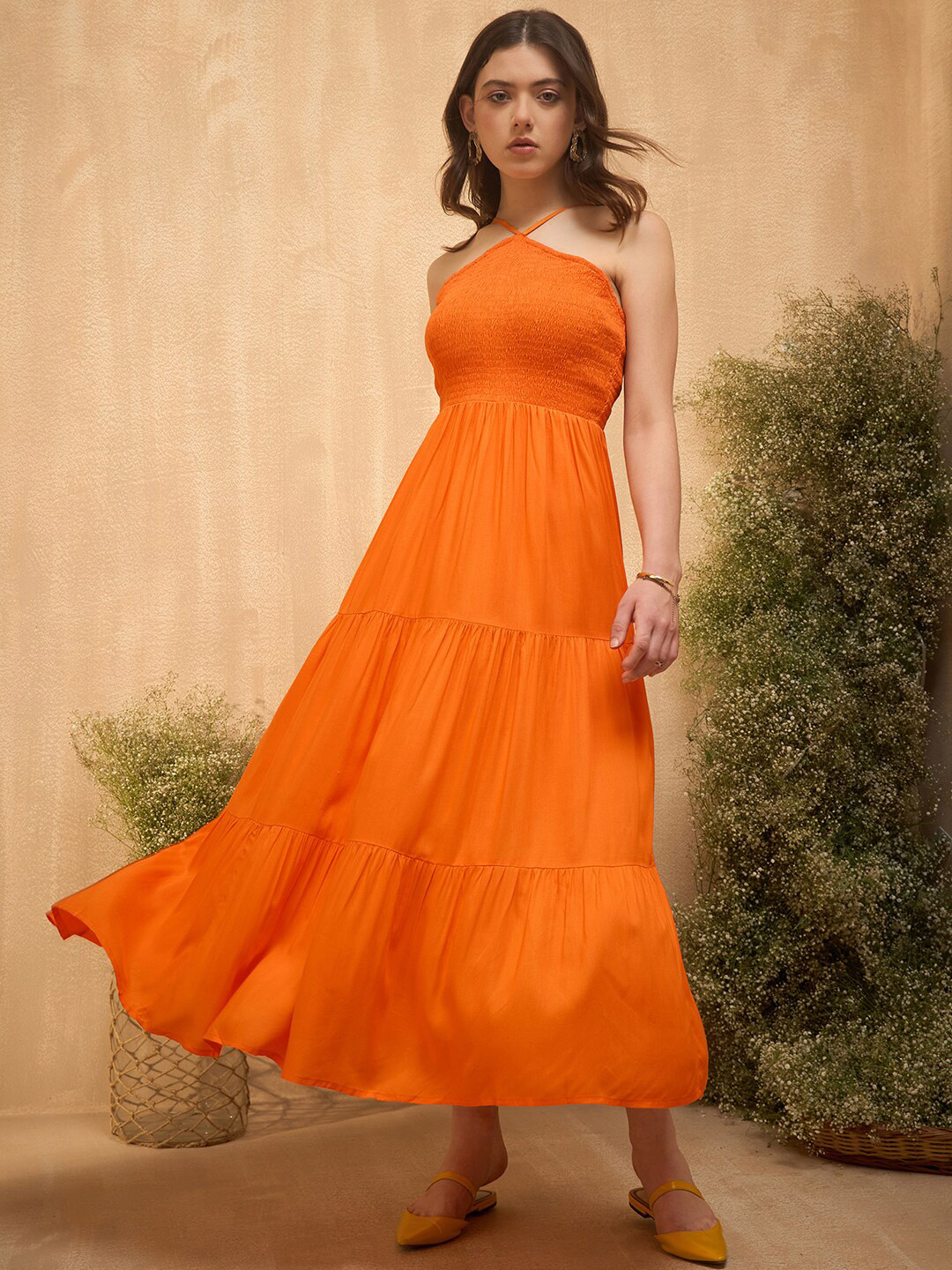 RARE Orange Halter Neck Smocked Maxi Dress