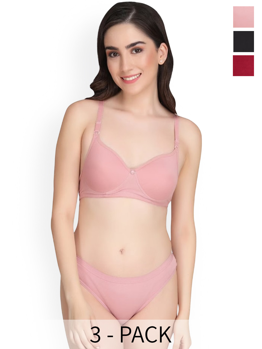 Designer Bugs Pack Of 3 Lightly Padded Cotton Lingerie Set LS-B-RG-M-30B