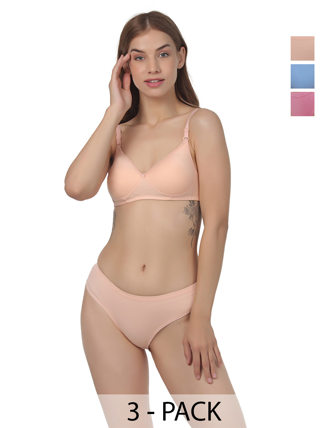 Designer Bugs Pack Of 3 Lightly Padded Bra & Mid-Rise Briefs