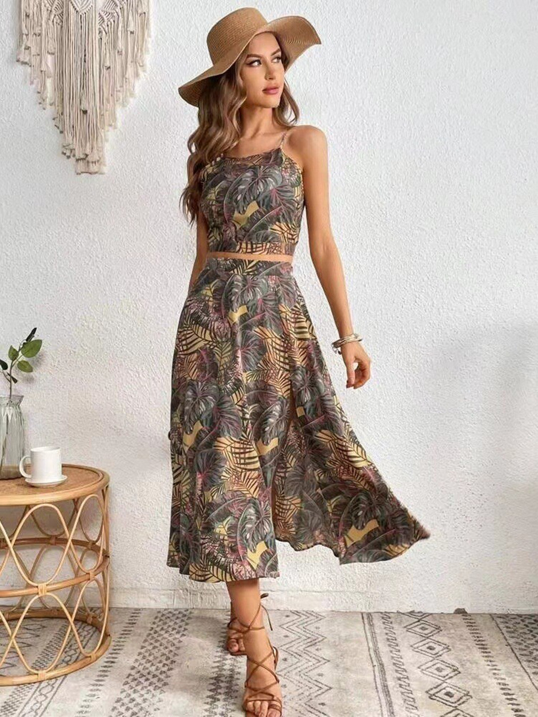 Routes by All About You Grey Tropical Printed Top With Skirt