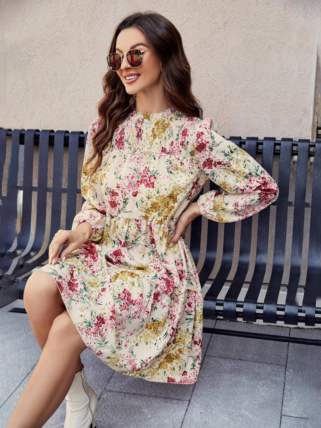 Mast & Harbour Cream & Yellow Floral Print Bell Sleeve Blouson Dress
