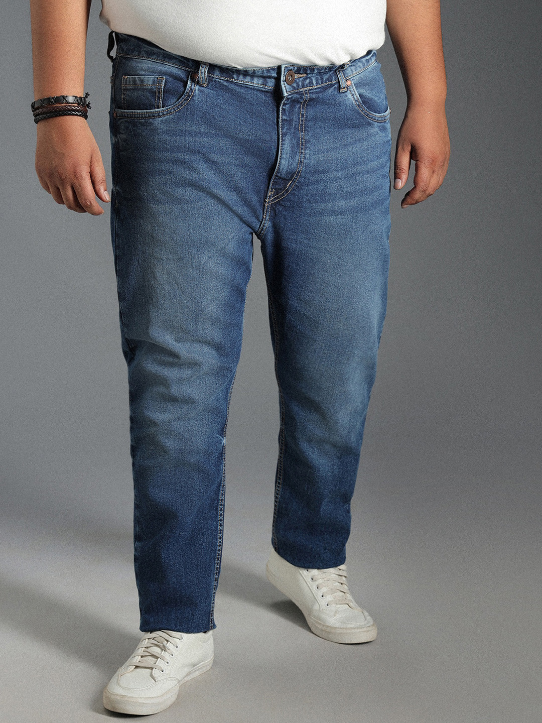 Freeform by High Star Plus Size Men Mid-Rise Tapered Fit Heavy Fade Pure Cotton Jeans