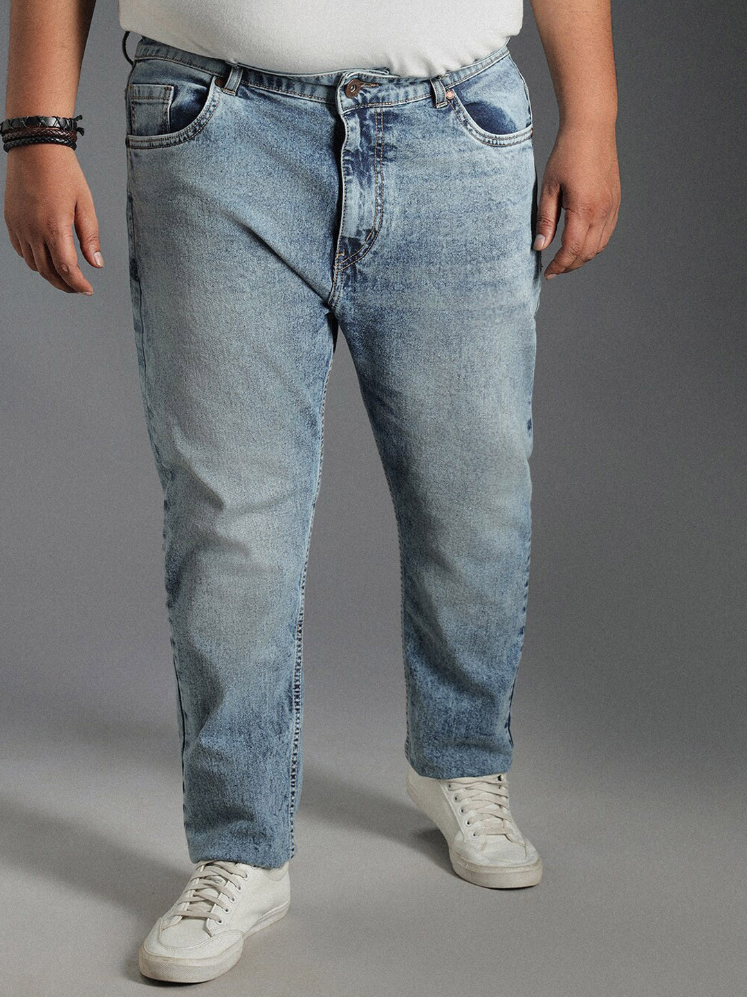 Freeform by High Star Plus Size Men Mid-Rise Tapered Fit Heavy Fade Pure Cotton Jeans