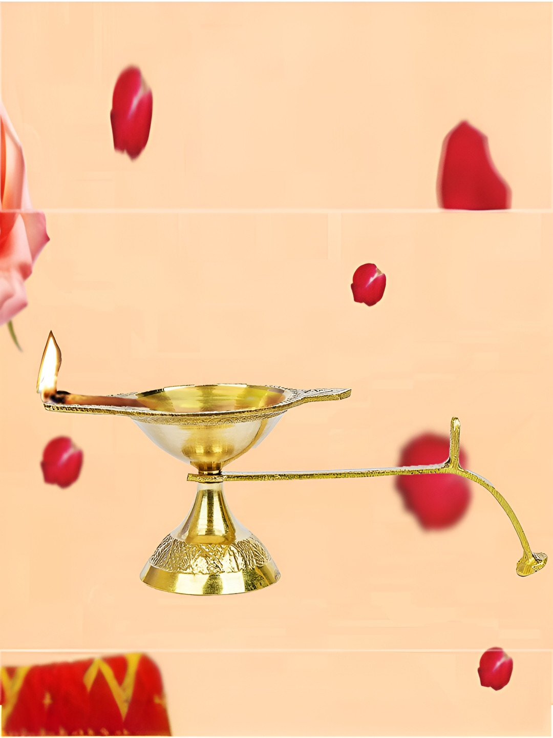 Kuber Industries Beige Textured Brass Pooja Diya With Handle