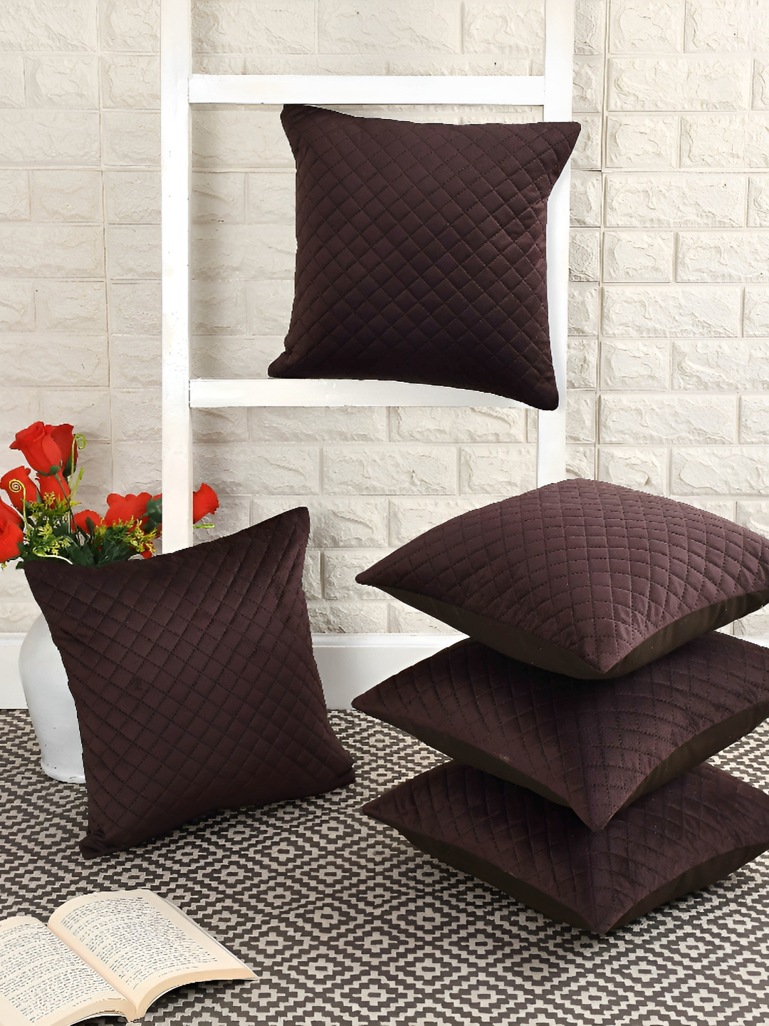 BIGGER FISH Quilted Geometric Velvet 5 Pcs Textured Cushion Covers - 15.7 x 15.7 In