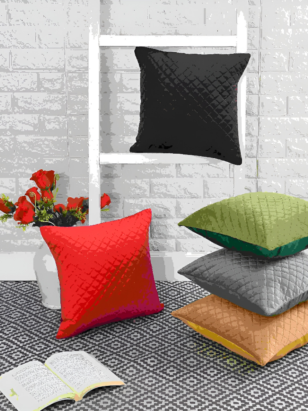 BIGGER FISH Red Geometric Velvet Quilted 5 Textured Square Cushion Covers -16x16In