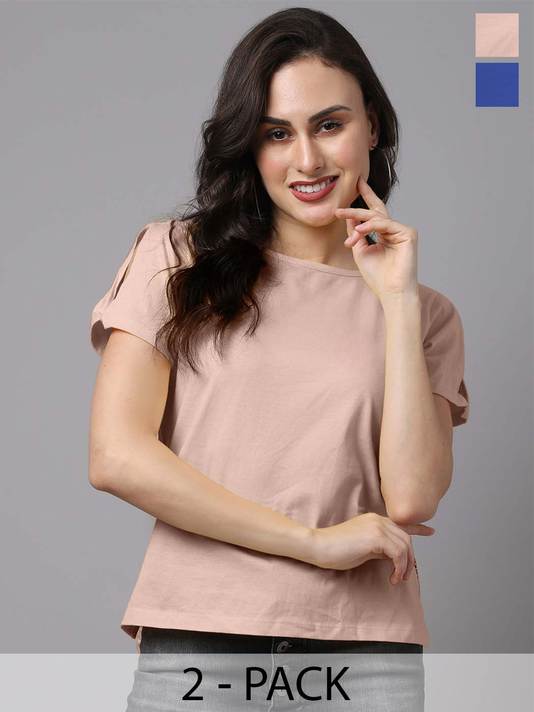 Friskers Pack Of 2 Round Neck Short Cold-Shoulder Sleeves Cotton Tops