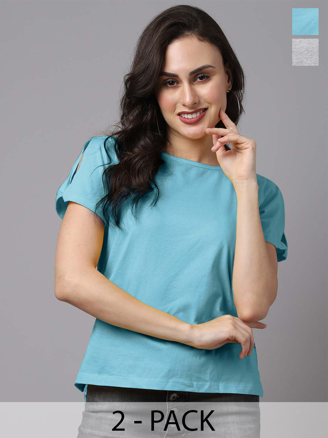 Friskers Pack Of 2 Round Neck Short Cold-Shoulder Sleeves Cotton Tops