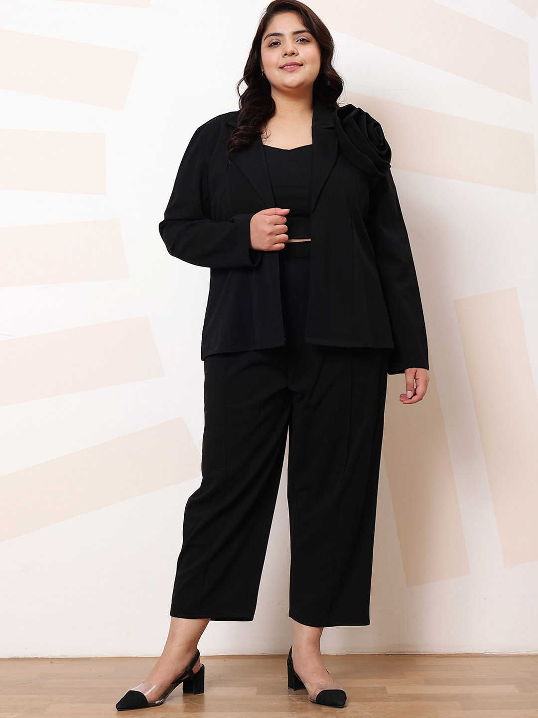 Athena Ample Black Plus Size Long Sleeves Top and Blazer With Trouser Co-Ords Set
