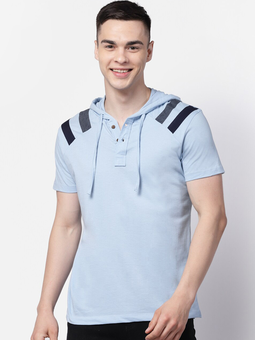 Kalt Half Sleeves Shoulder Striped Hoodie T-shirt