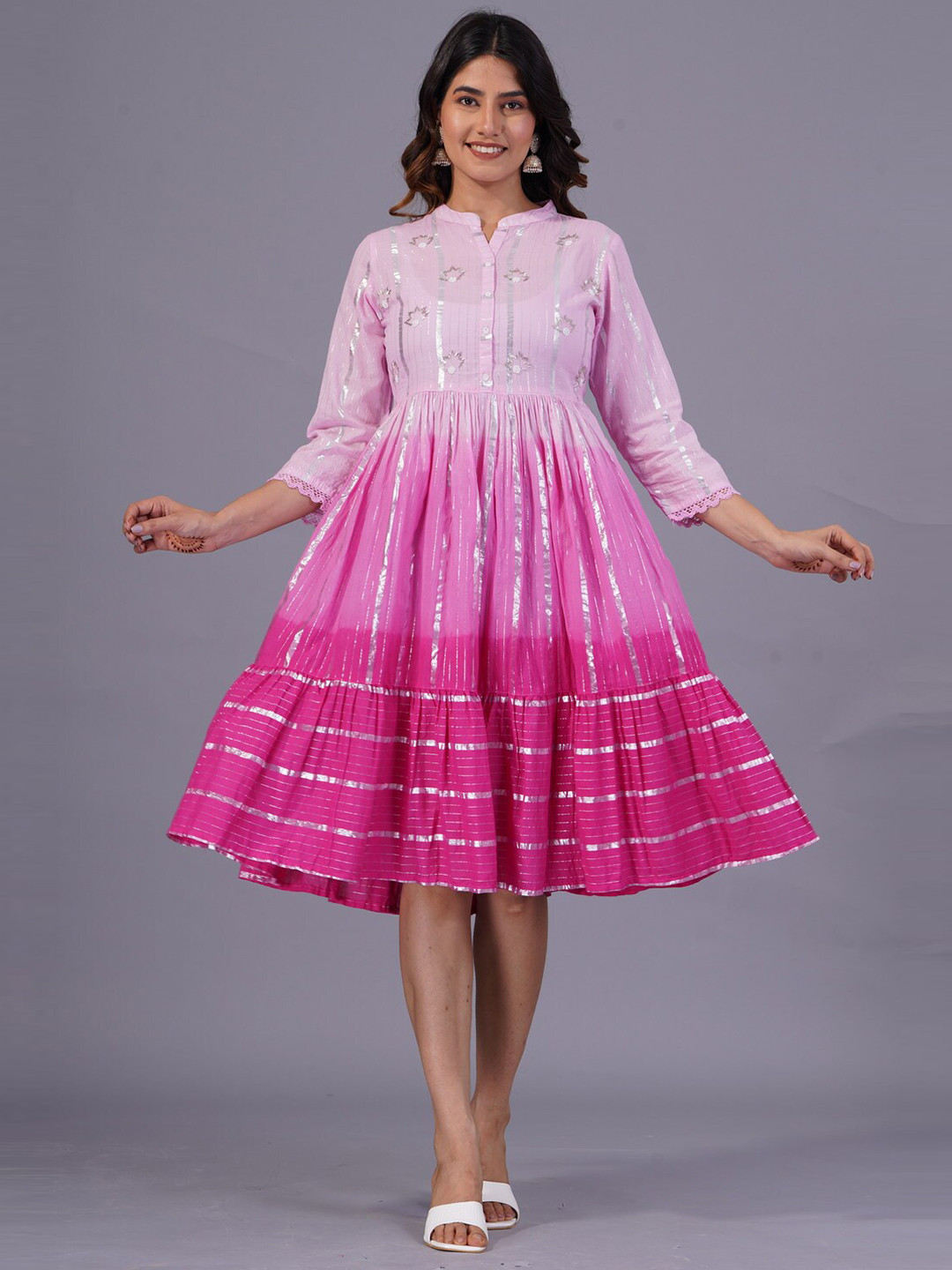 SARAI CREATIONS Dyed Ombre Hand Work Fit & Flare Midi Dress