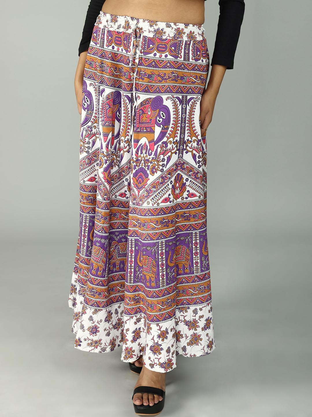 Exotic India Pure Cotton Sanganeri Long Skirt with All Over Floral-Elephant Printed Motifs
