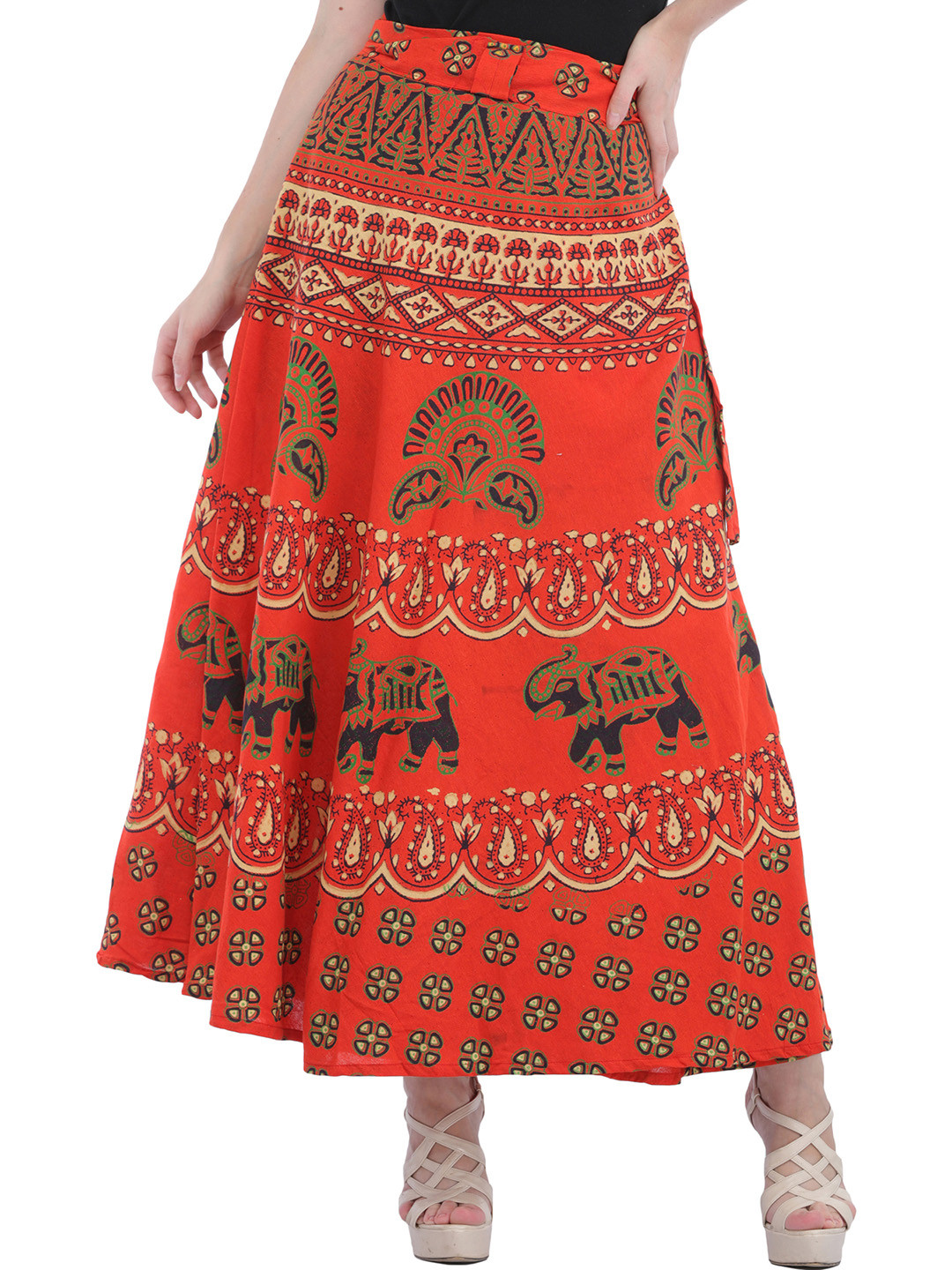 Exotic India Abstract Printed Pure Cotton Flared Tie-Ups Maxi Ethnic Skirt