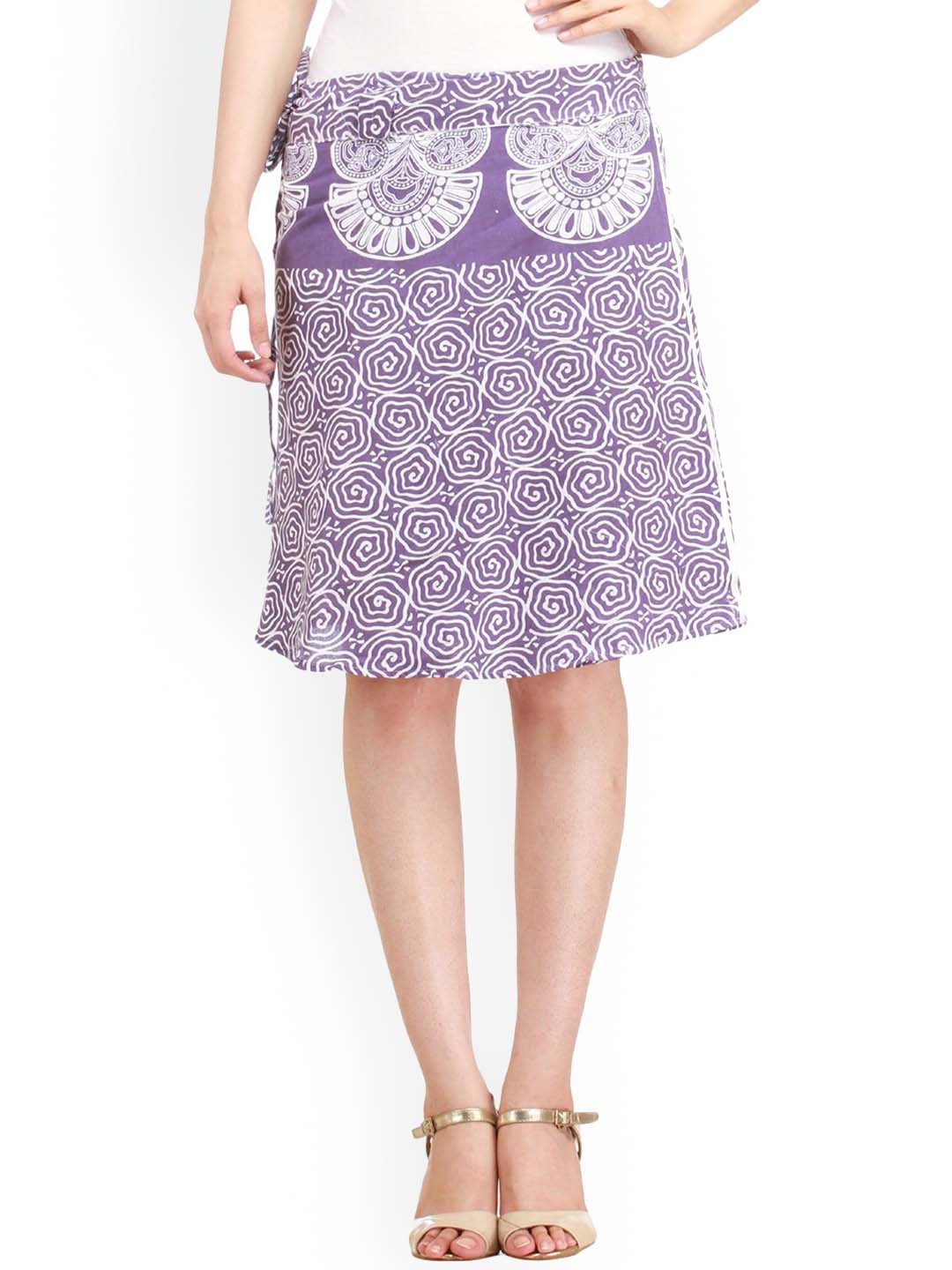 Exotic India Pure Cotton Block Printed Aster Purple Wrap-Around Mini-Skirt