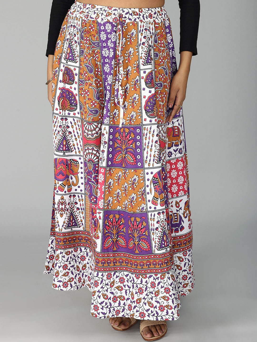 Exotic India Pure Cotton Sanganeri Long Skirt with All Over Floral-Elephant Printed Motifs
