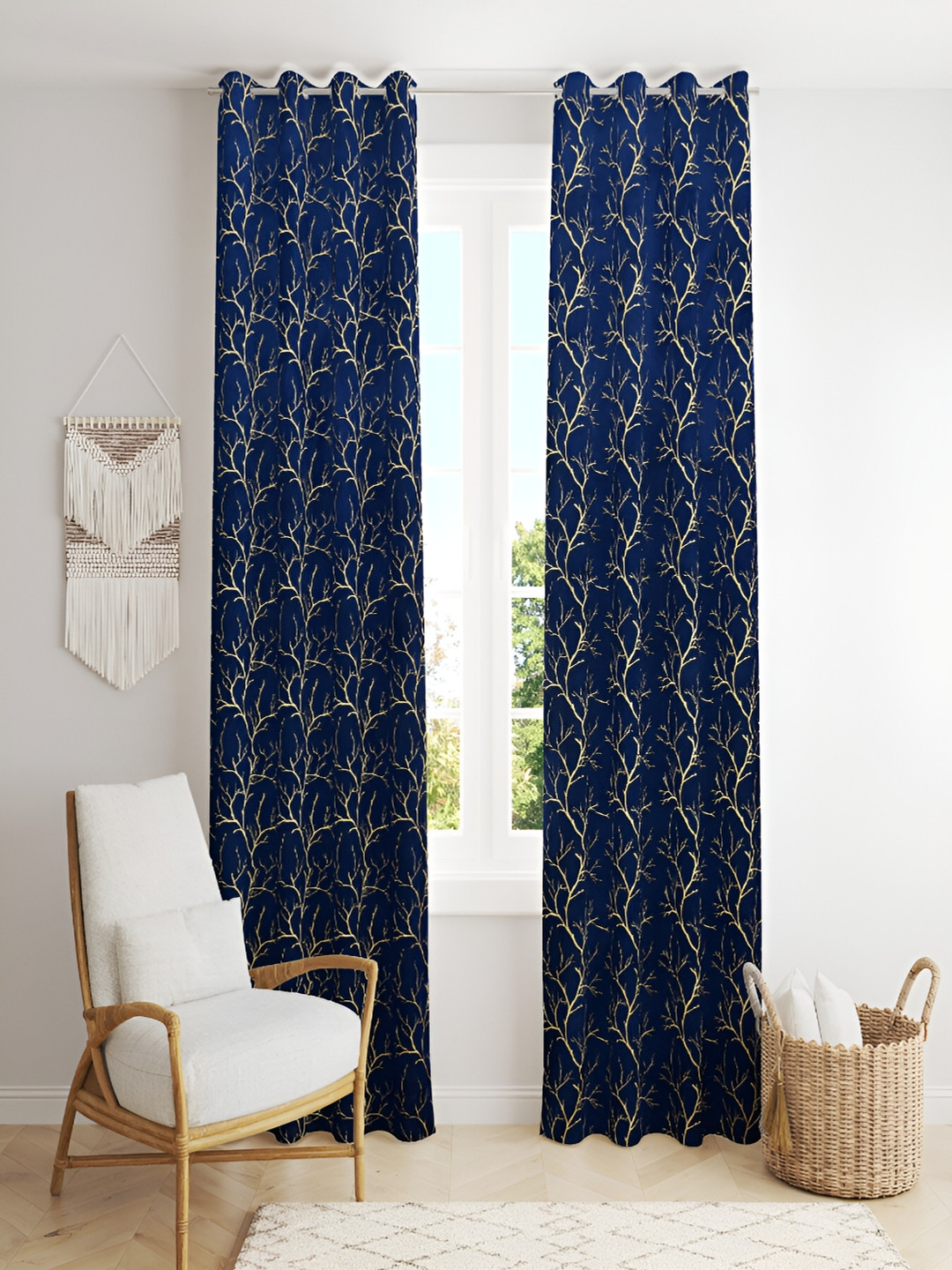 Aura Velfoil Navy Blue 2 Pieces Floral Eyelet Velvet Room Darkening Door Curtains