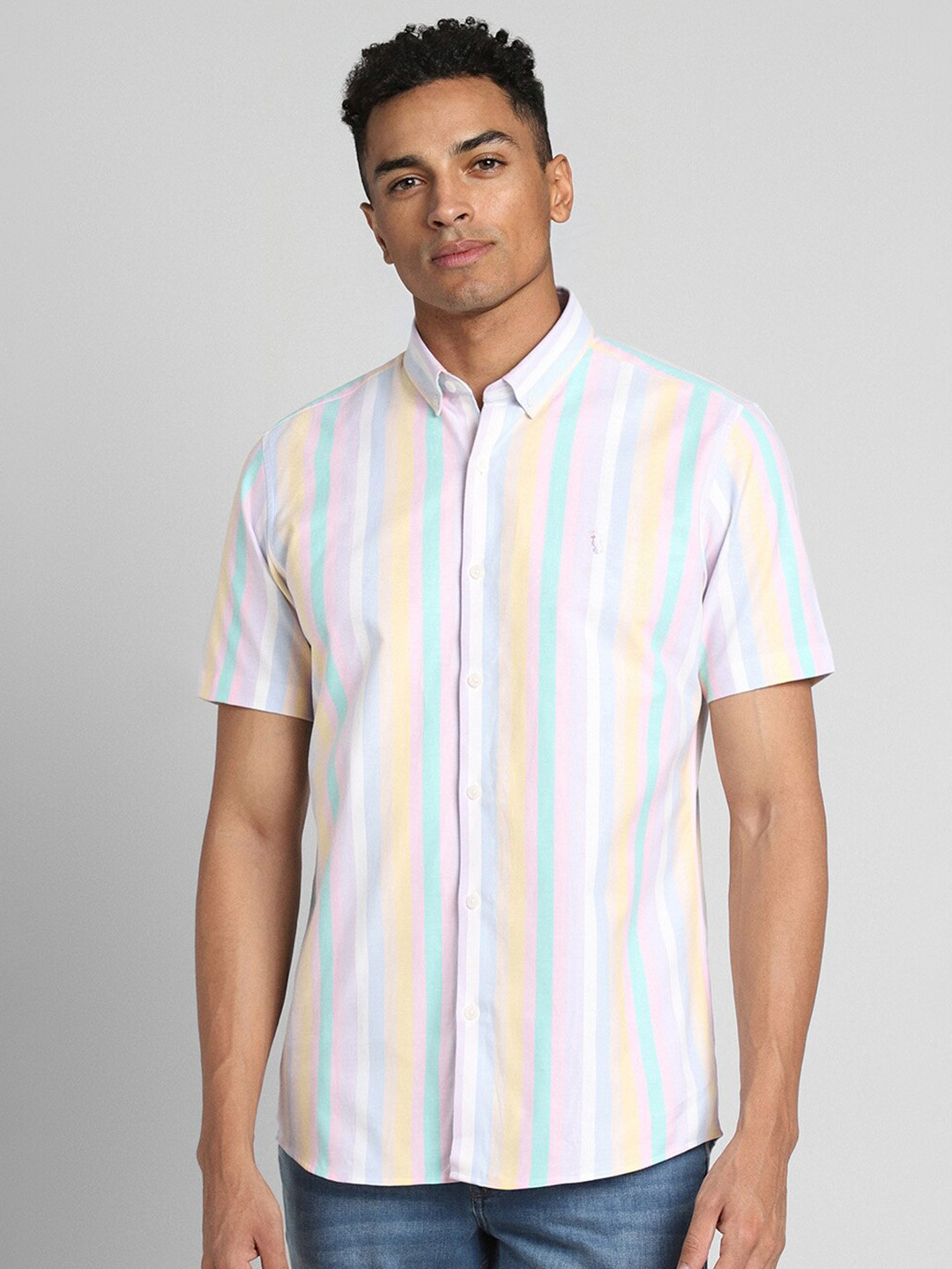 SIMON CARTER LONDON Button Down Collar Short Sleeves Cotton Striped Casual Shirt