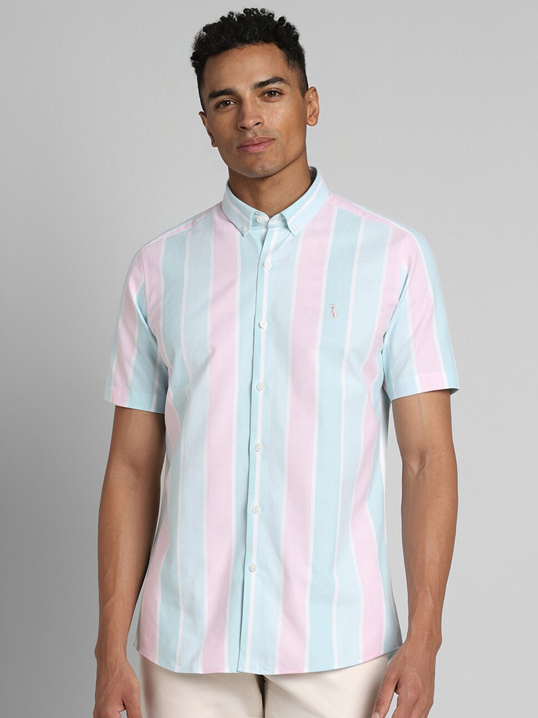 SIMON CARTER LONDON Short Sleeves Button-Down Collar Cotton Opaque Striped Casual Shirt