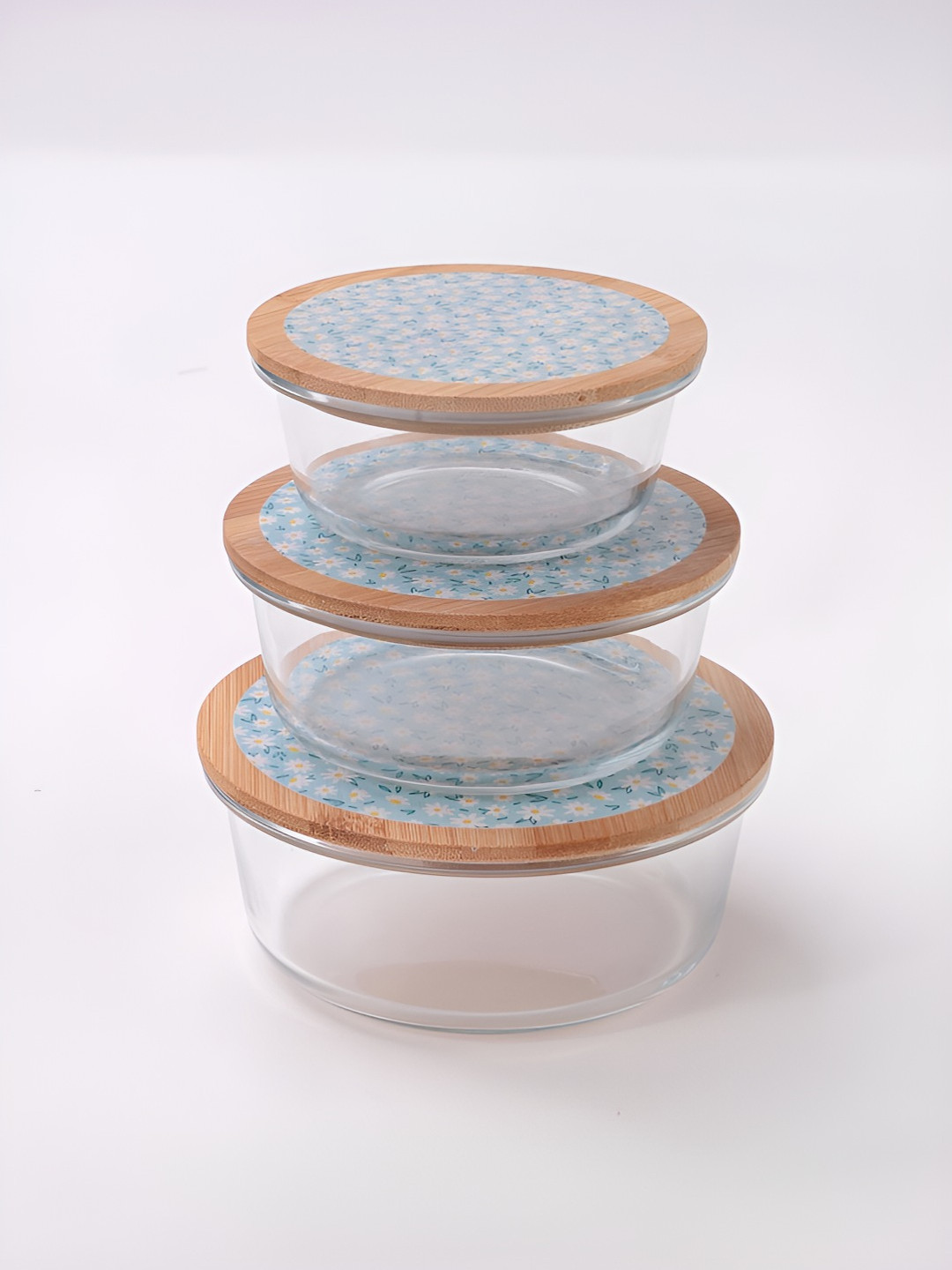 Umai Dandy Daisies Transparent Borosilicate Glass Dishwasher Safe 3 Piece Clip-On Fridge Container