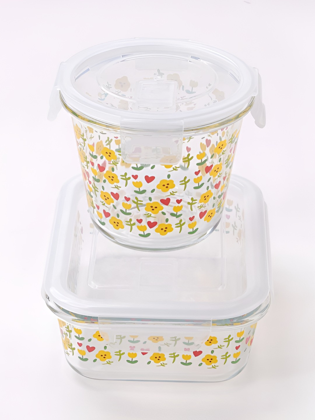 UMAI Transparent & Yellow 2-pcs Floral Printed Borosilicate Glass Kitchen Containers 960ml