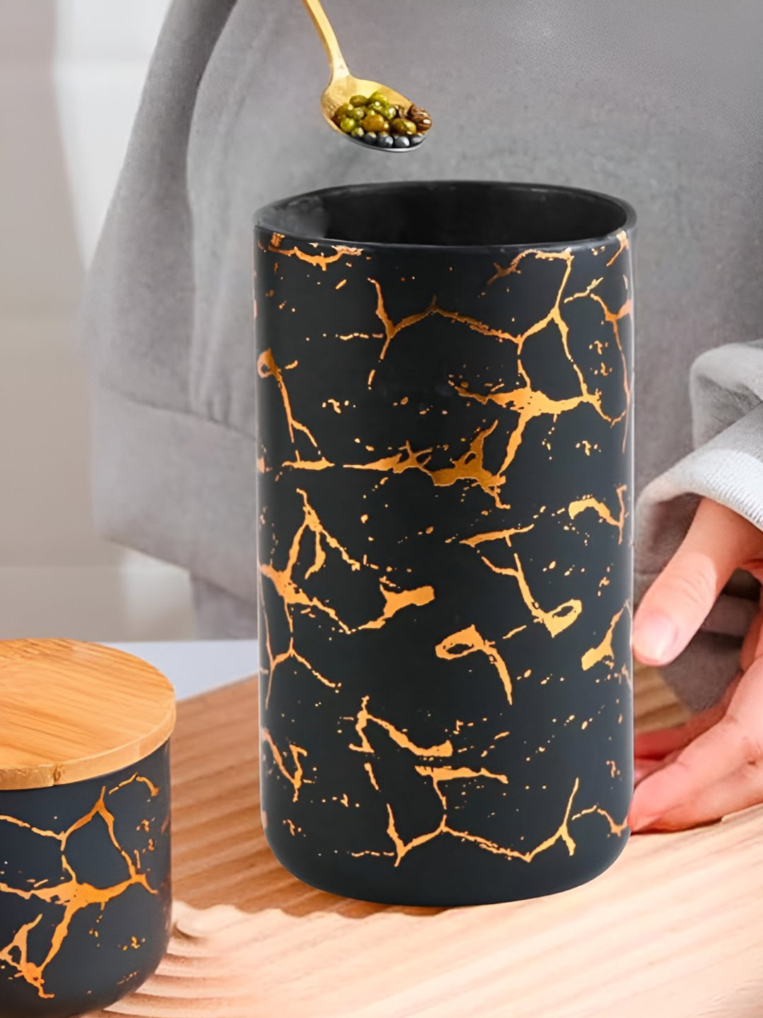 Umai Black Marble Ceramic Dishwasher Safe Flip Top Canister-1L