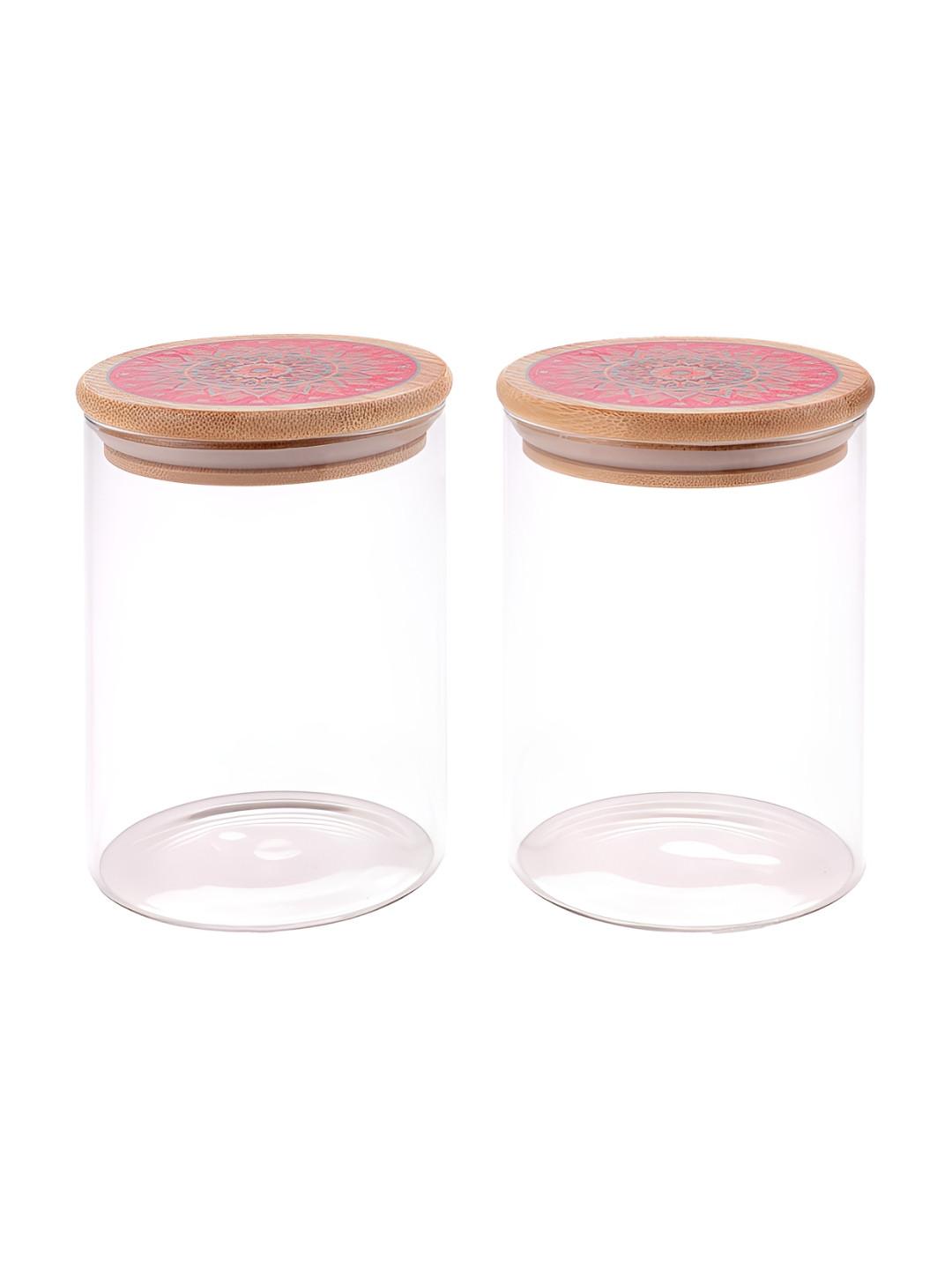 UMAI 2 Pcs Transparent & Brown Borosilicate Jars With Printed Bamboo Lid