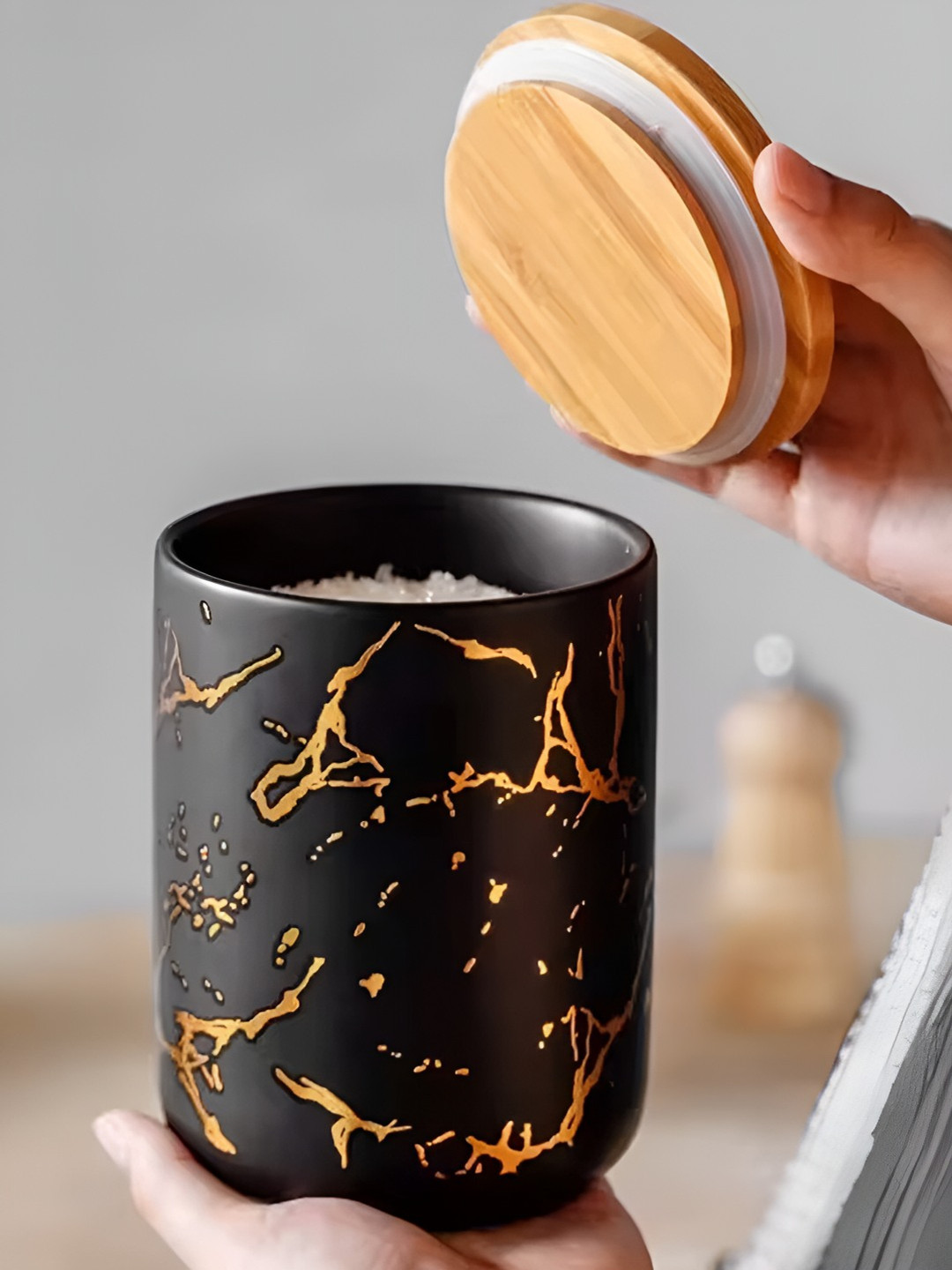 Umai Black Marble Ceramic Dishwasher Safe Clip-On Canister-800ml